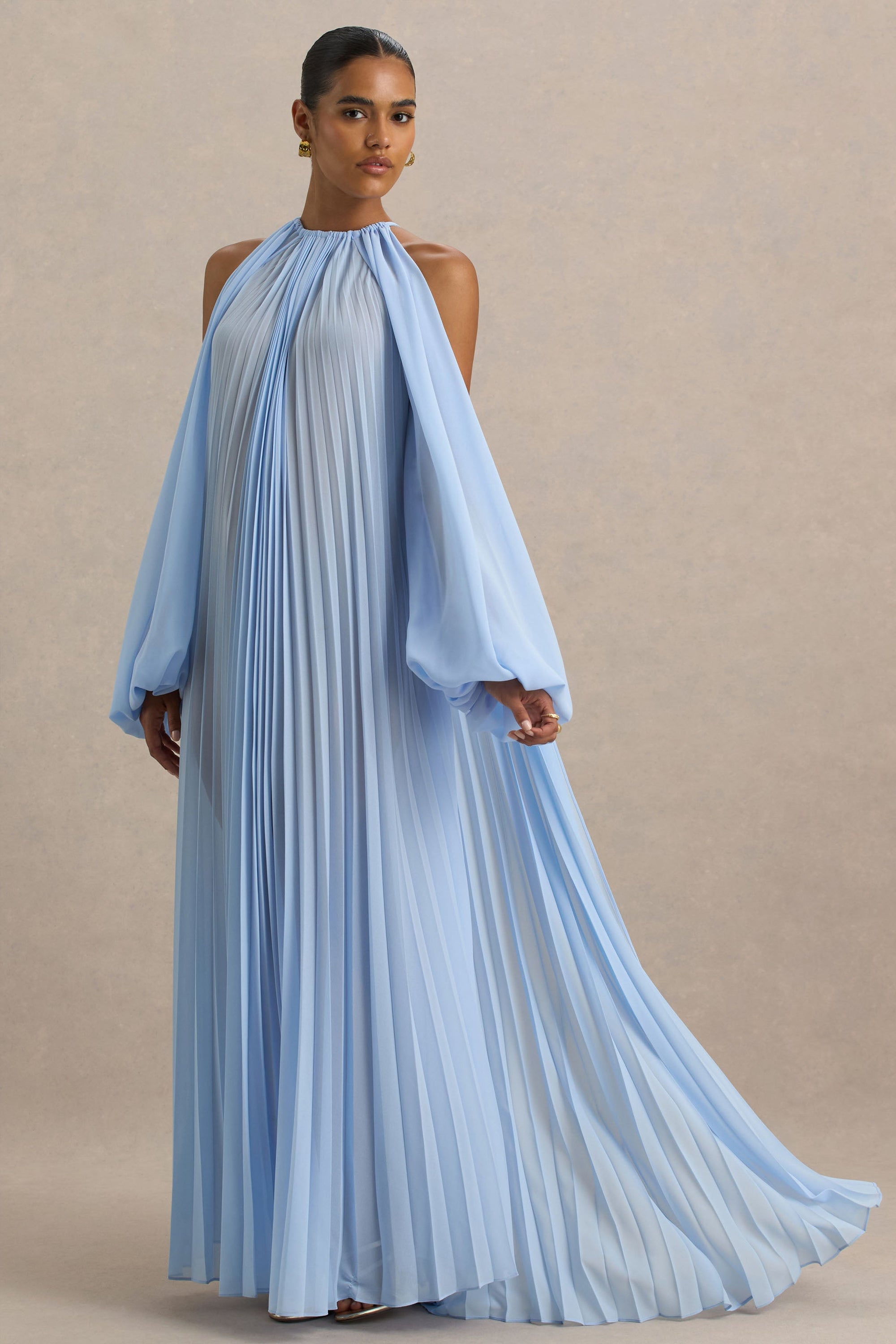 Reyna | Powder BLUE Pleated Chiffon Cold-Shoulder Maxi Dress
