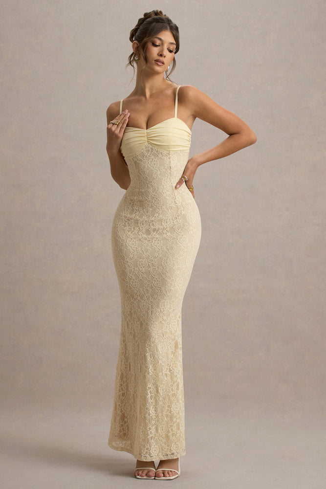 Felicia Pale Lemon Satin Sweetheart Maxi Dress With Lace Details Club L London - USA Felicia Pale Lemon Satin Sweetheart Maxi Dress With Lace Details Club L London - USA