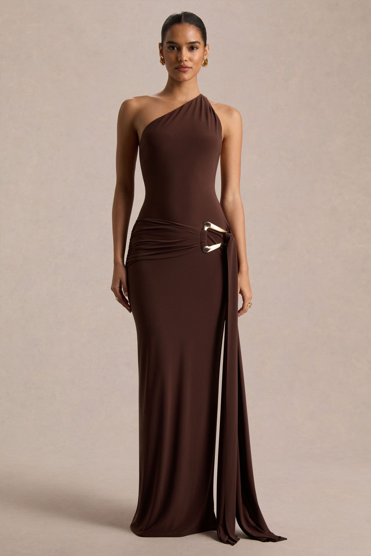 Bonnie Brown Asymmetric-Neck Maxi Dress With Open-Back Club L London - USA Bonnie Brown Asymmetric-Neck Maxi Dress With Open-Back Club L London - USA