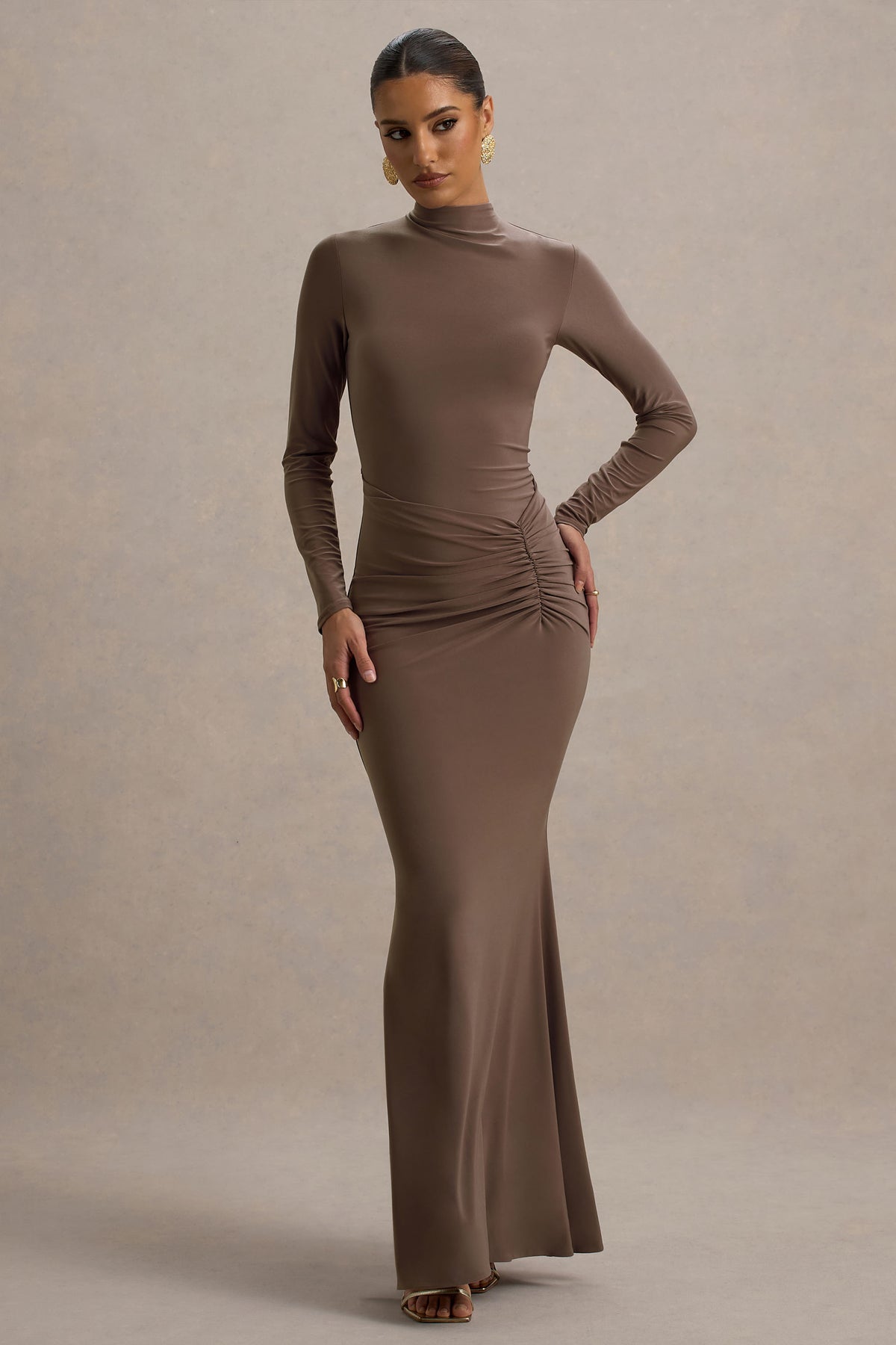 Reid Brown Long-Sleeve Gathered Maxi Dress Club L London - USA Reid Brown Long-Sleeve Gathered Maxi Dress Club L London - USA