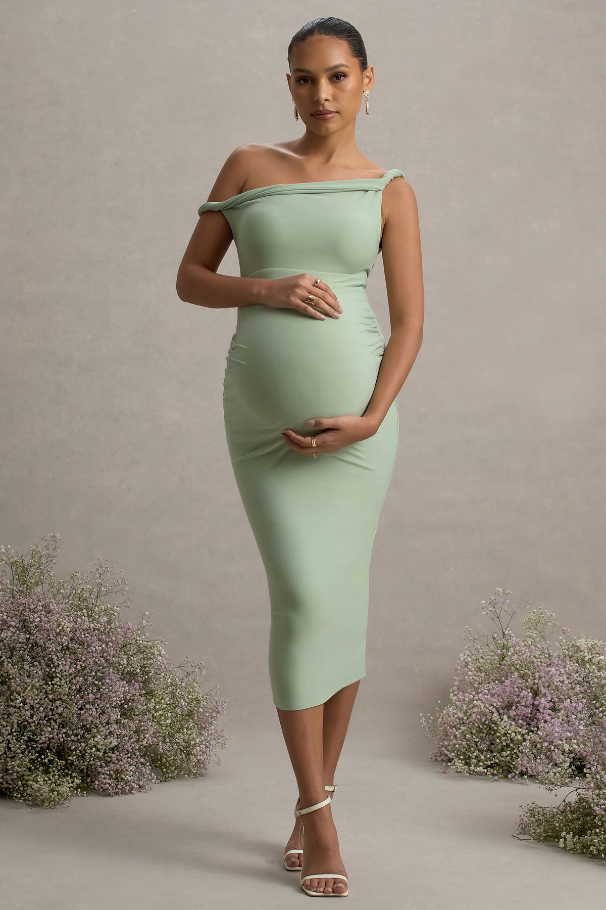 Salome Light Green Twisted Asymmetric Maternity Midi Dress Club L London - USA Salome Light Green Twisted Asymmetric Maternity Midi Dress Club L London - USA