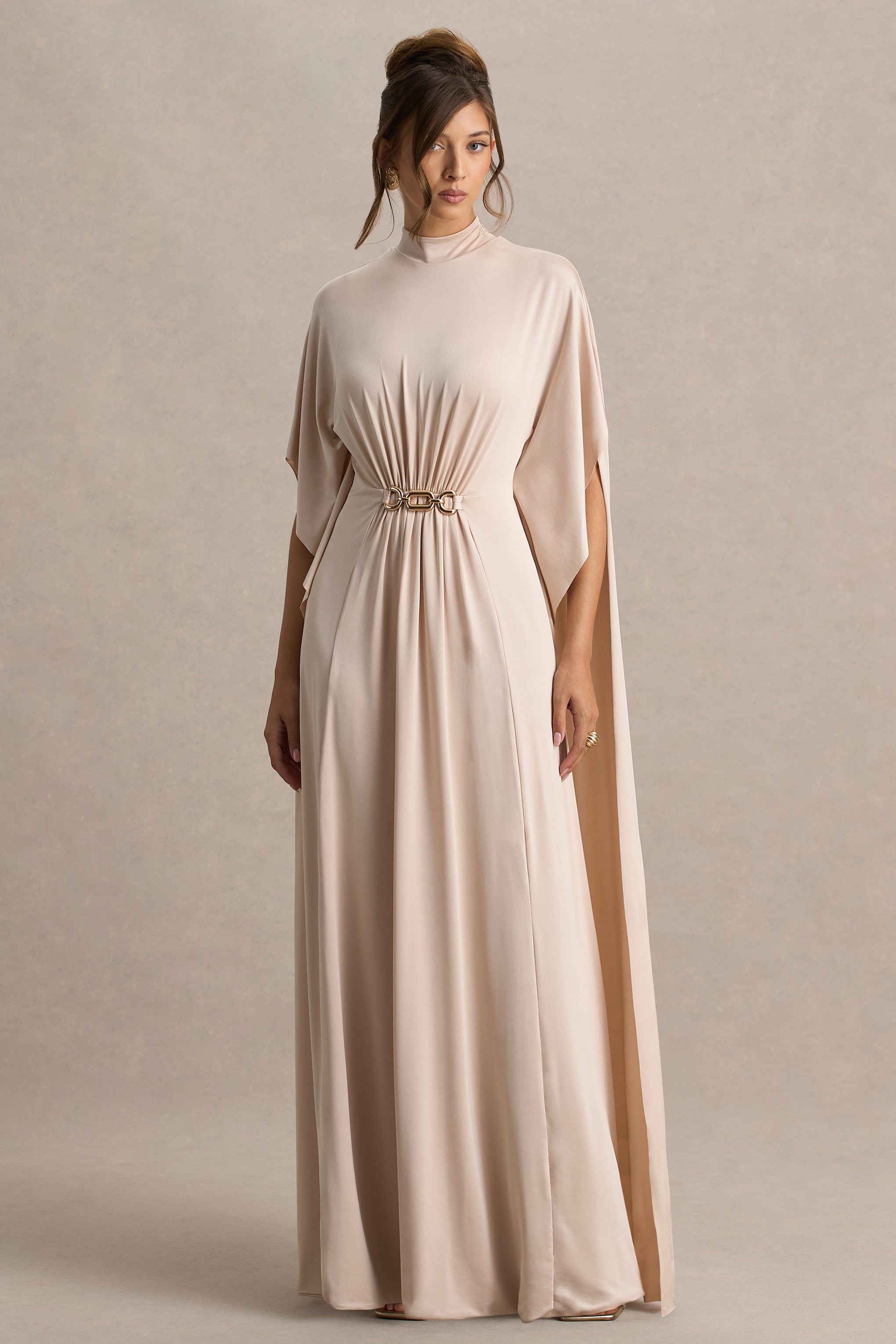 Olessia | Champagne Belted Gathered Cape-Sleeve Maxi Dress – Club