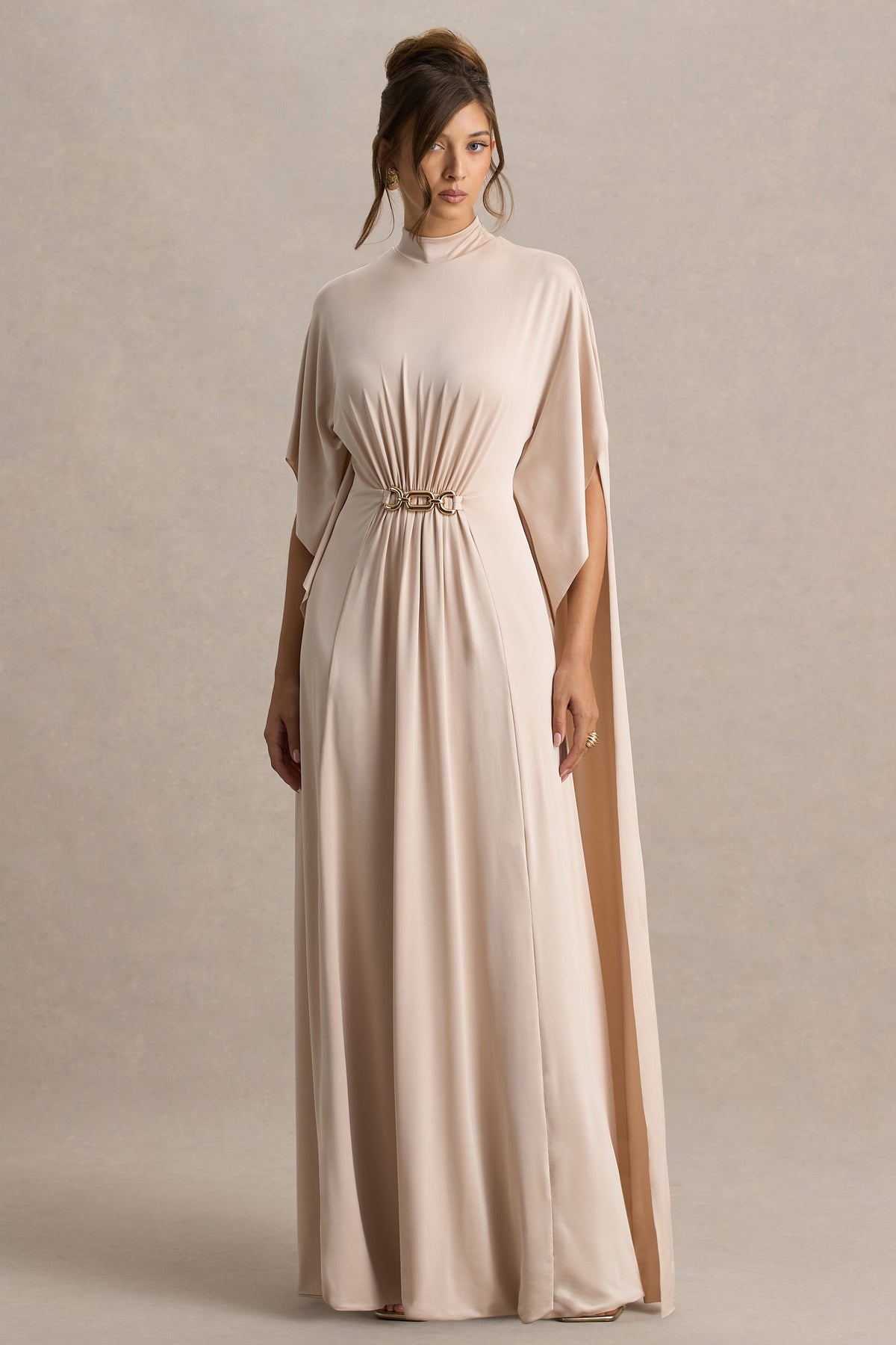 Olessia | Champagne Belted Gathered Cape-Sleeve Maxi Dress - UK 14 Champagne Olessia | Champagne Belted Gathered Cape-Sleeve Maxi Dress - UK 14 Champagne