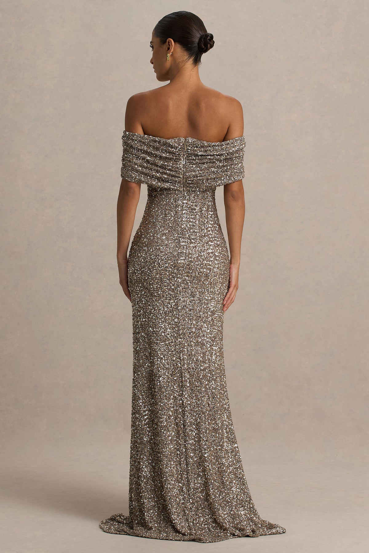 Melina | Champagne Sequin Bardot-Neck Maxi Dress - UK 14 Champagne Melina | Champagne Sequin Bardot-Neck Maxi Dress - UK 14 Champagne