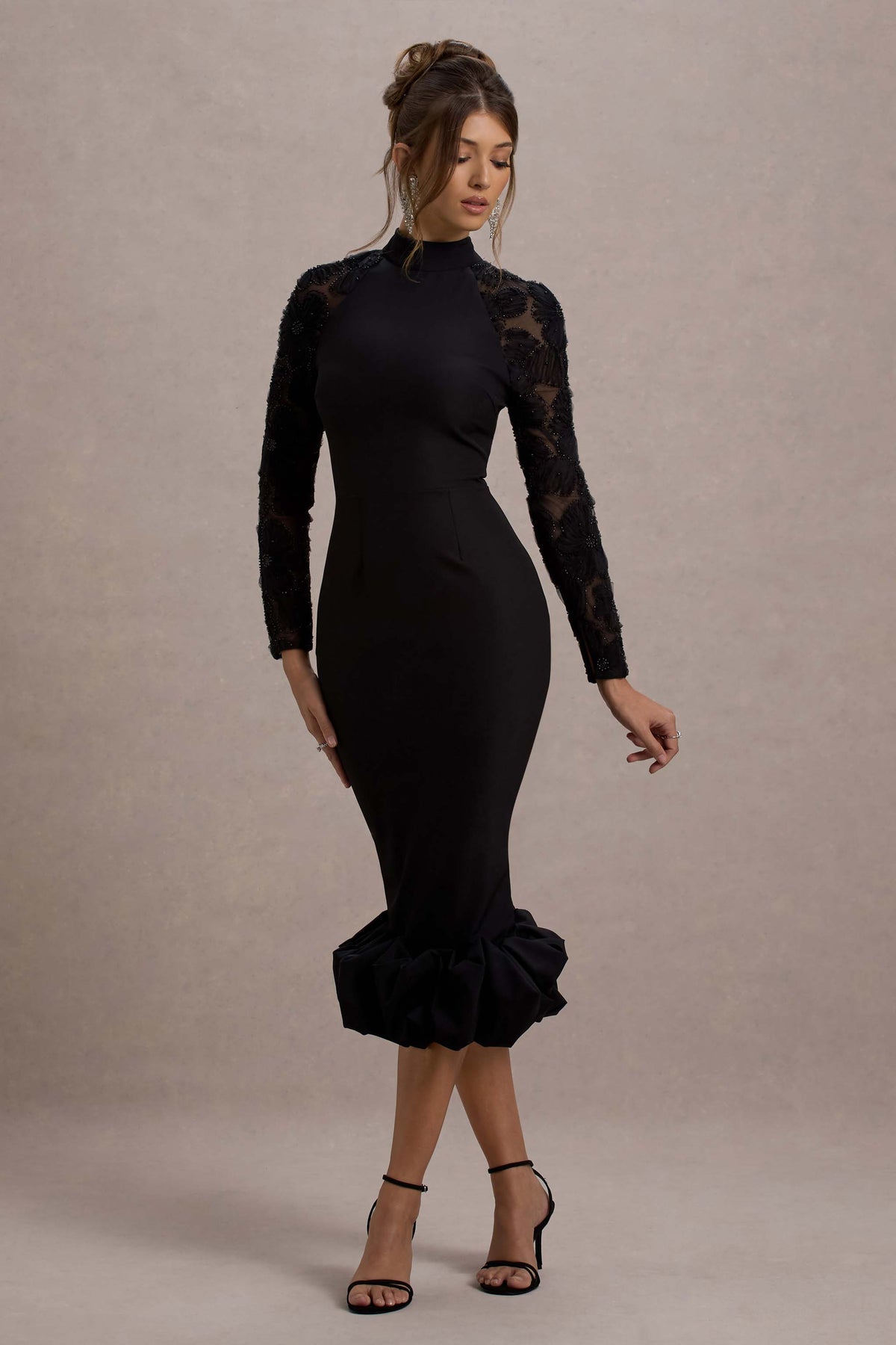 Chandra Black Mesh Long-Sleeve Midi Dress With Ruffle Hem Club L London - USA Chandra Black Mesh Long-Sleeve Midi Dress With Ruffle Hem Club L London - USA