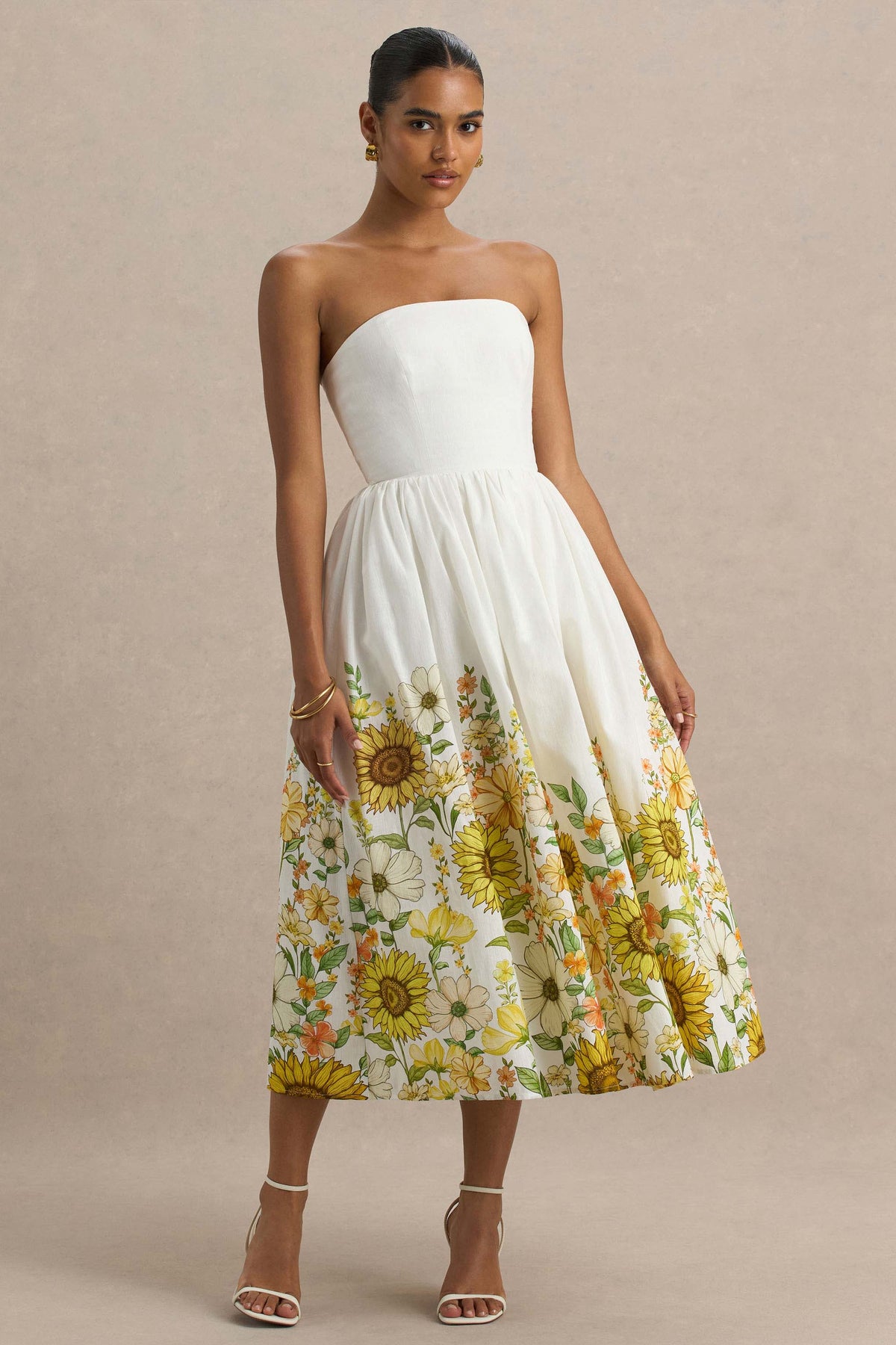 white sunflower dress Ivory Sunflower Print Bandeau High-Low Midi Dress – Club L London