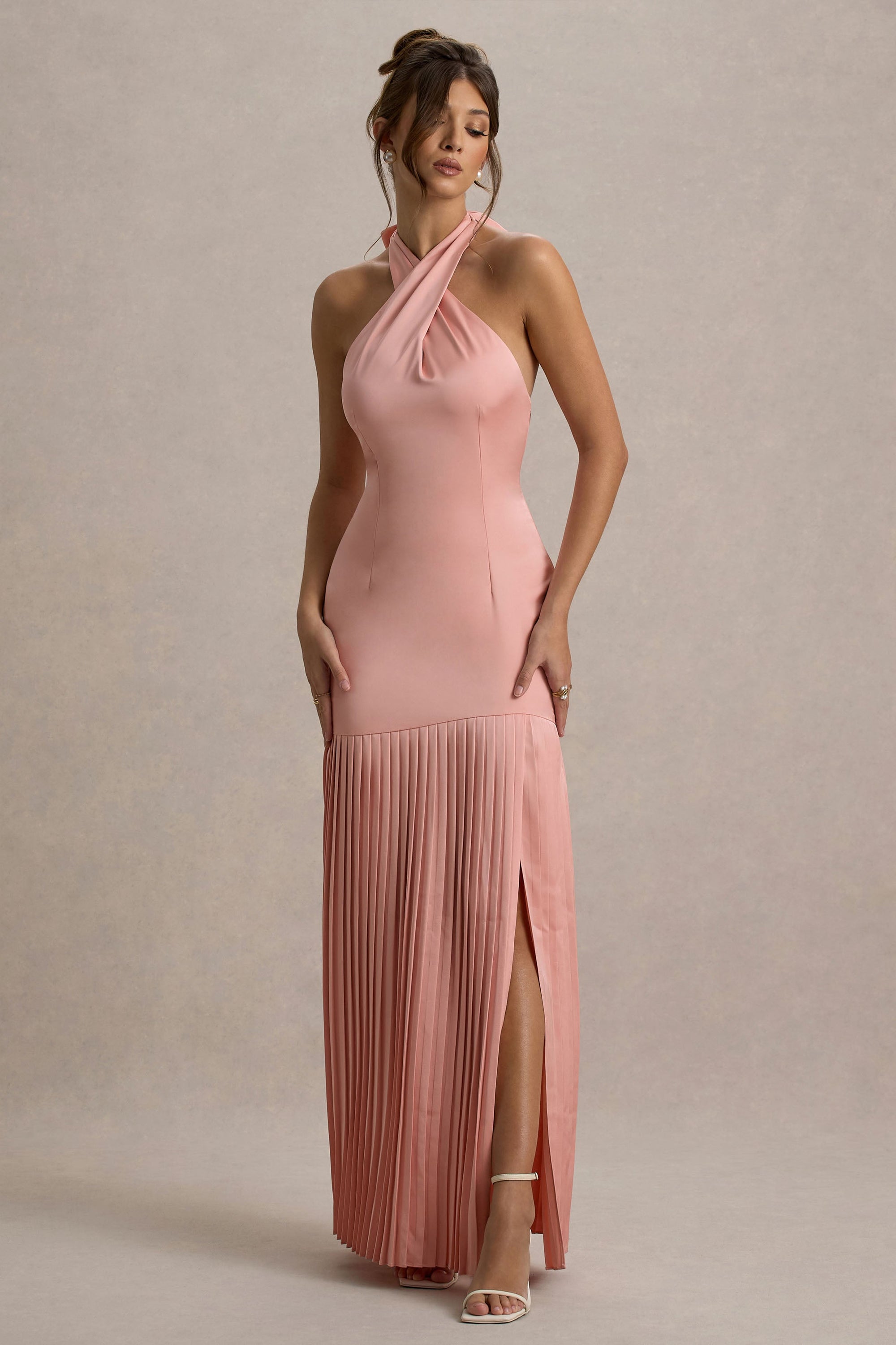 Sansa | Light Pink Satin Cross Halter-Neck Plisse Maxi Dress – Club L London
