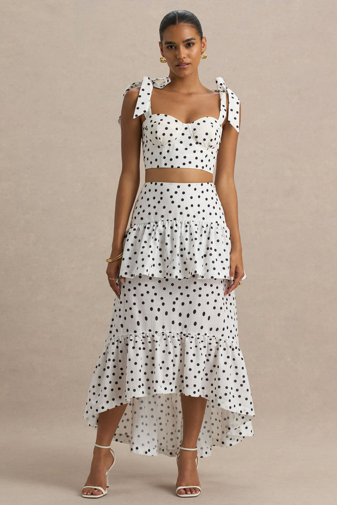 Emry White Polka Dot High-Waist Maxi Skirt With Ruffle