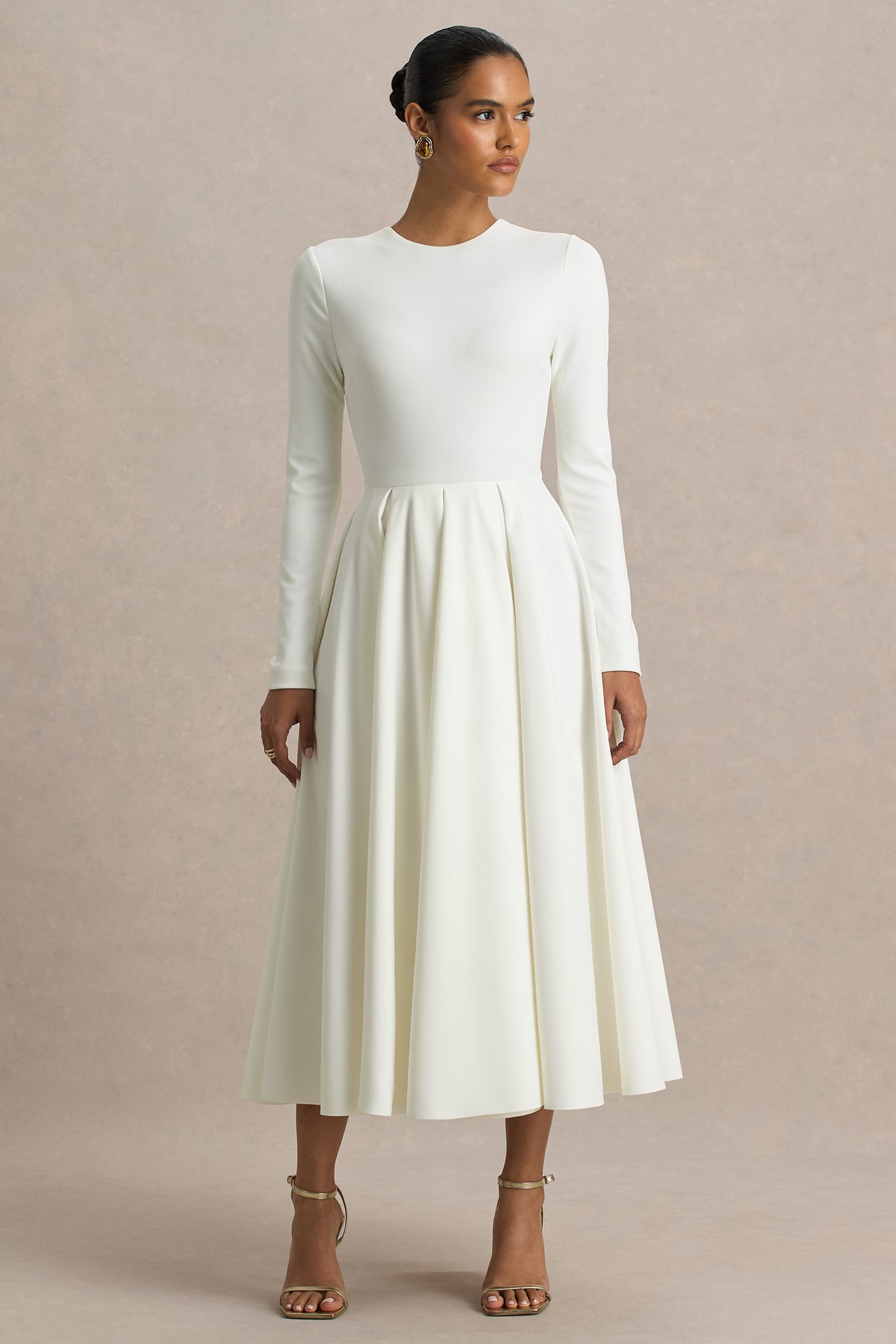 Bellamy Cream Crew-Neck Long Sleeve Midi Dress Club L London - USA Bellamy Cream Crew-Neck Long Sleeve Midi Dress Club L London - USA