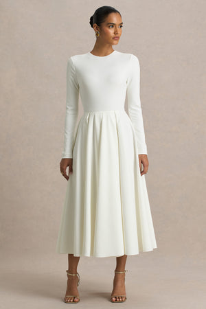 Bellamy | Cream Crew-Neck Long Sleeve Midi Dress - UK 6 Ecru