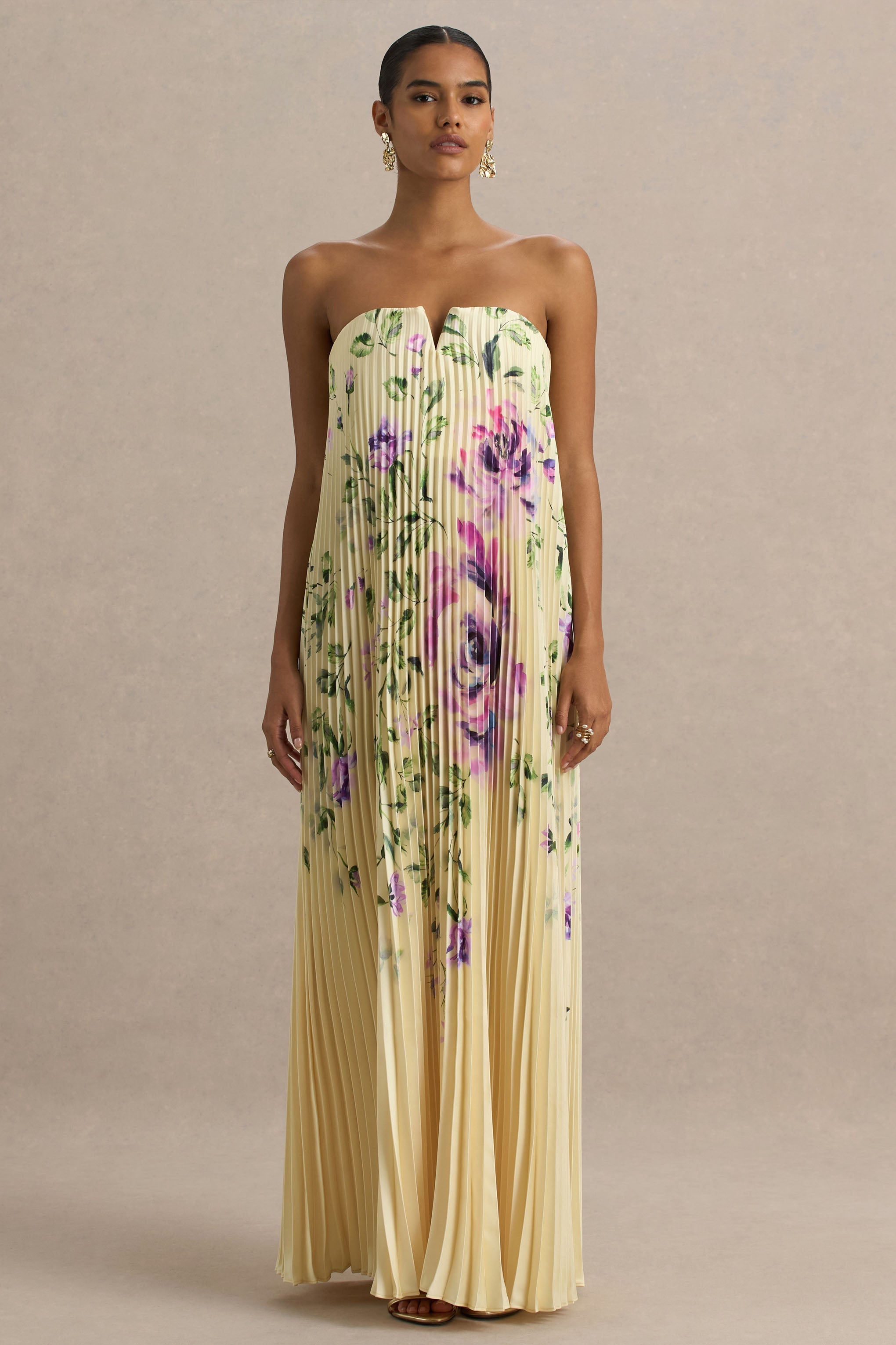 Bergamot | Lemon Rose Print Satin Sweetheart Maxi Dress – Club L