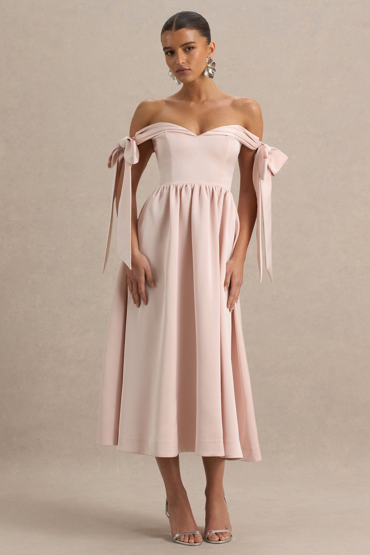 Agafay Rose Pink Satin Short-Sleeve Bardot Wrap Midi Dress With Bow Club L London - USA Agafay Rose Pink Satin Short-Sleeve Bardot Wrap Midi Dress With Bow Club L London - USA