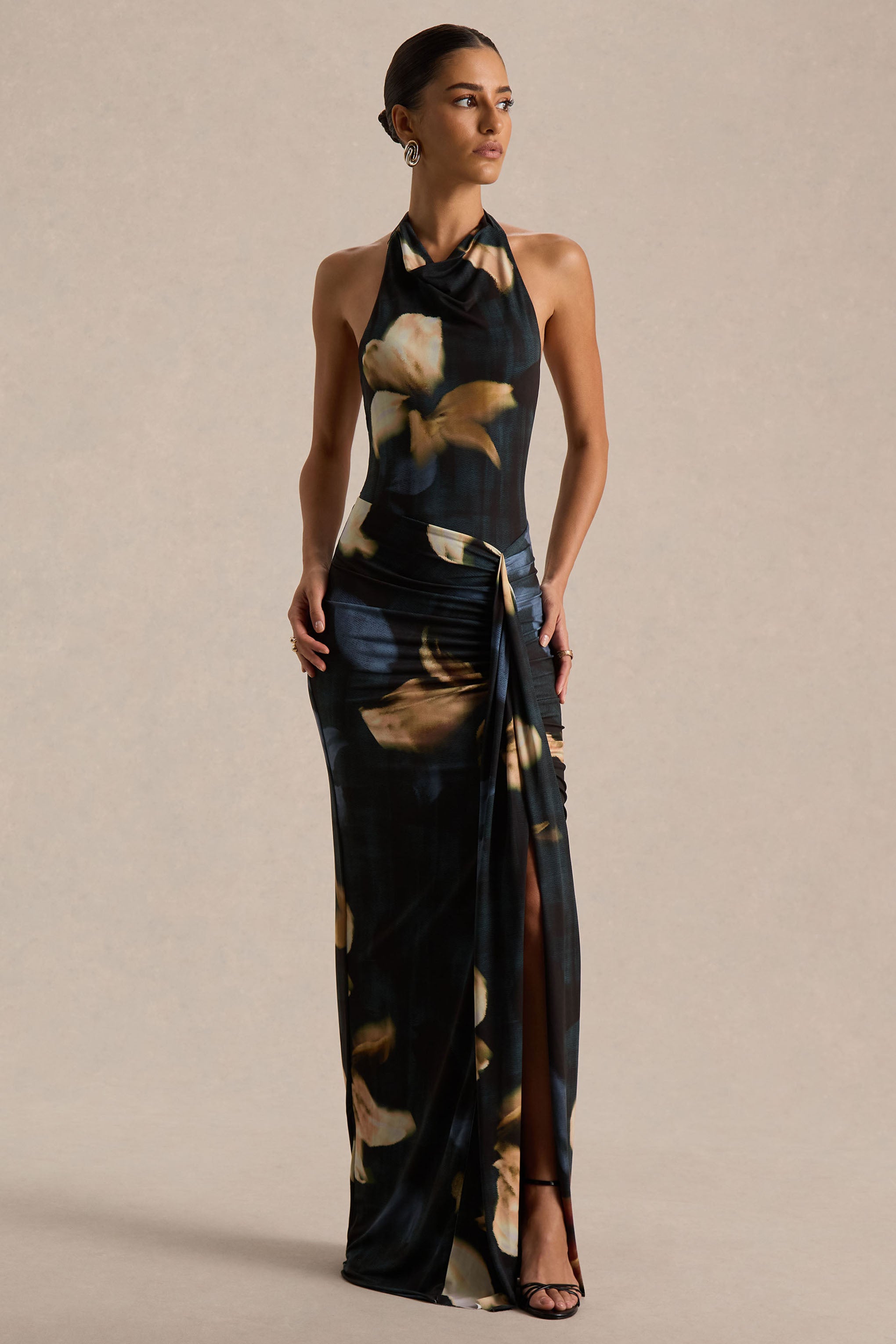Sunflower | Dark Lily Print High-Neck Maxi Dress With Front-High