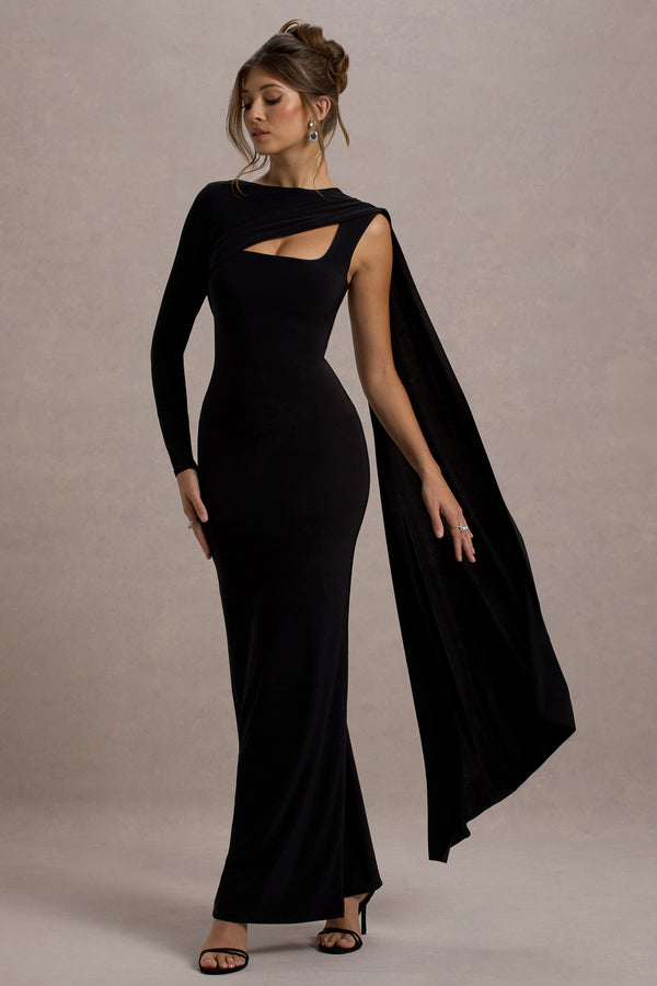 kit and ace back to front dress black Ashini Black One-Sleeve Maxi Dress With Cape – Club L London