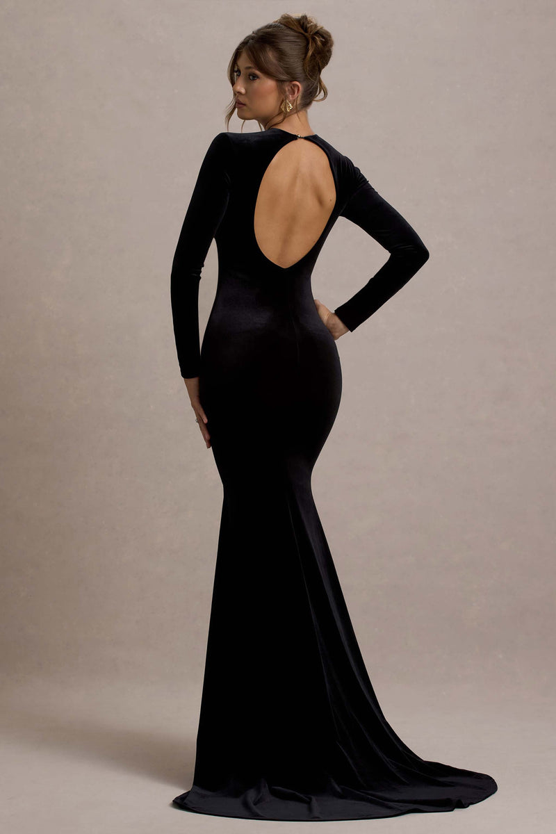 Keaton Black Velvet Long-Sleeve Open-Back Maxi Dress – Club L London