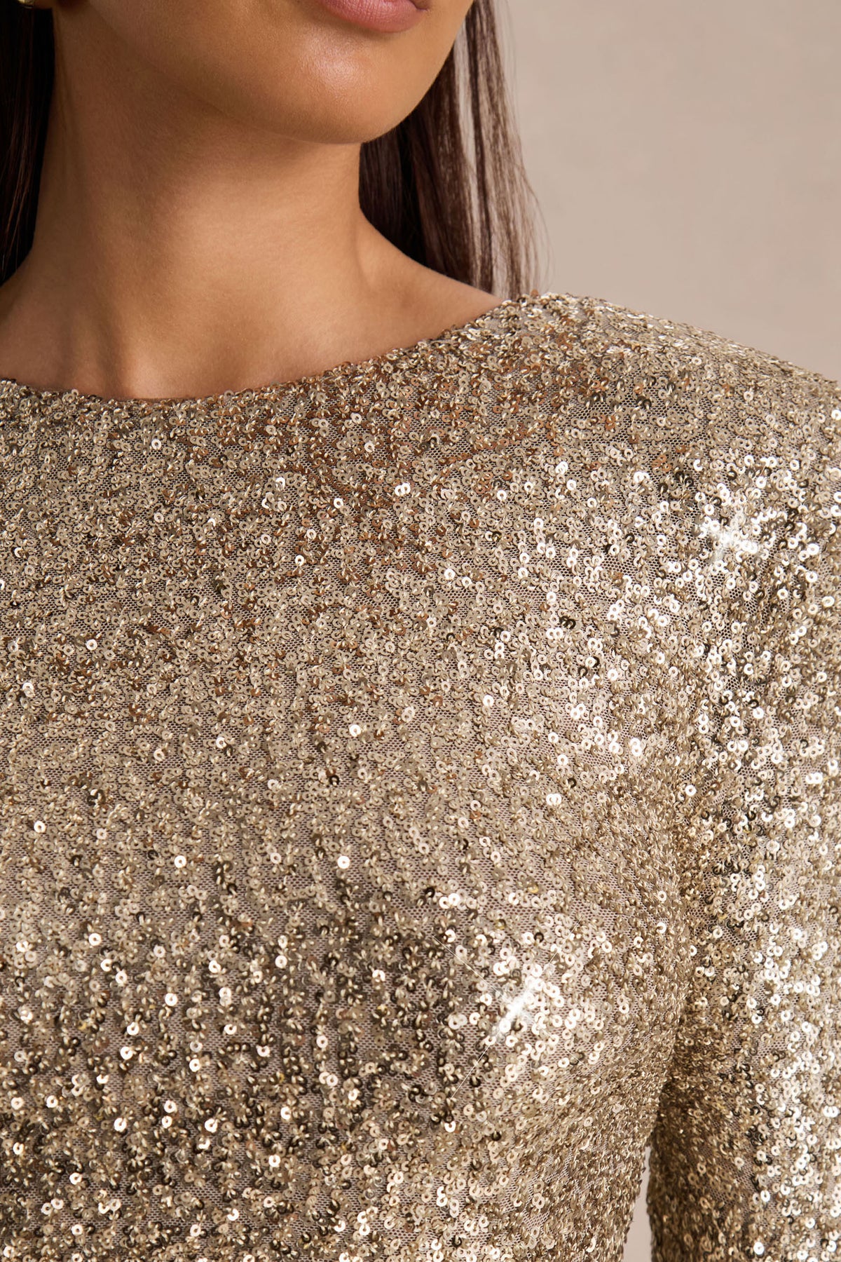 Mercedes | Champagne Sequin Boat-Neck Mini Dress with Draped Detail and Open Back - UK 12 Champagne Mercedes | Champagne Sequin Boat-Neck Mini Dress with Draped Detail and Open Back - UK 12 Champagne