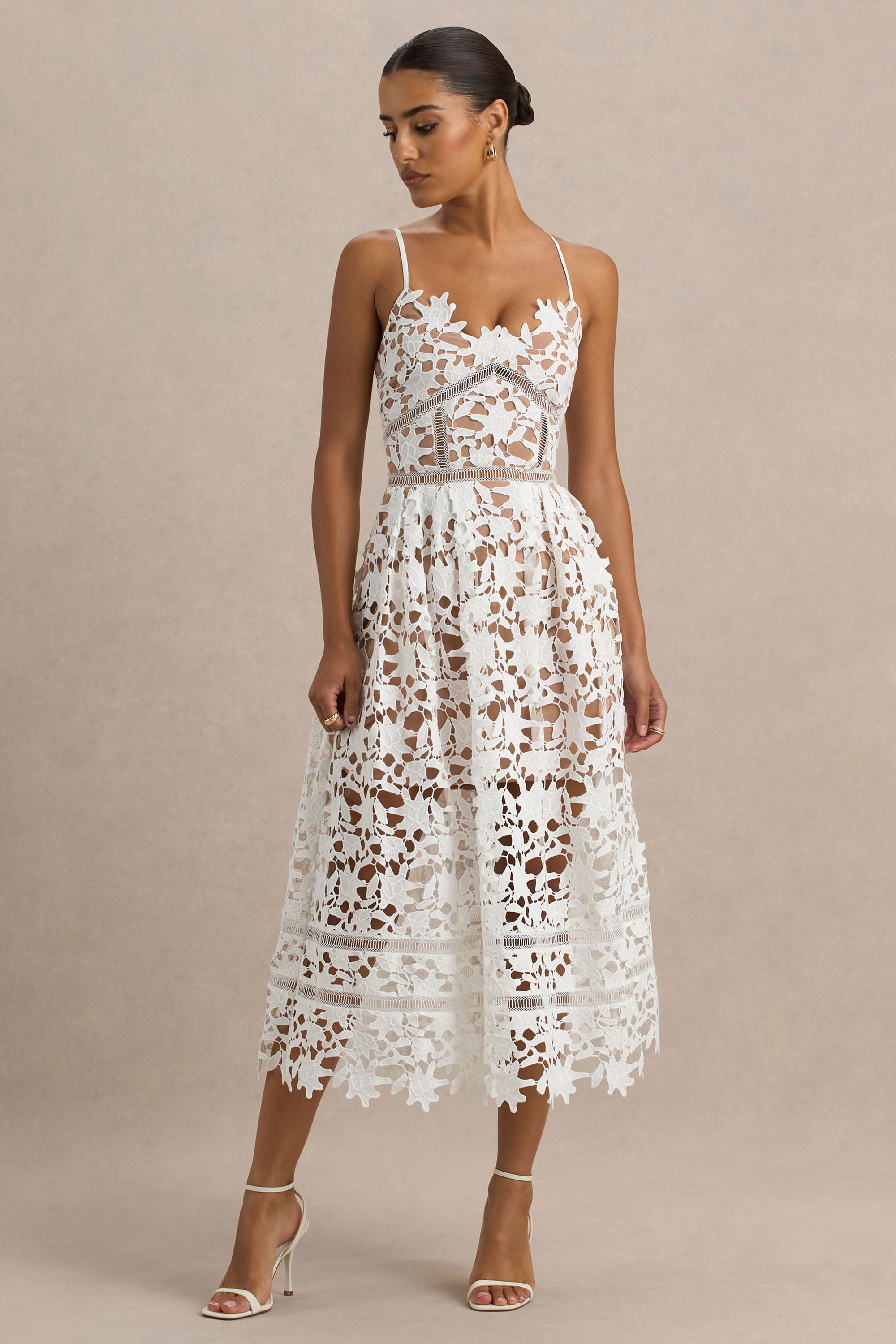 lace white dress midi self-portrait - White Linen Lace Insert Midi Dress