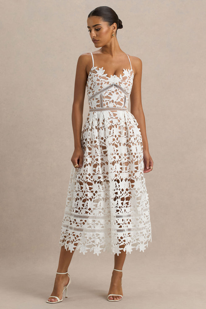 Zuri | White Lace Sweetheart Midi Dress With Cami Straps - UK 14 White Zuri | White Lace Sweetheart Midi Dress With Cami Straps - UK 14 White
