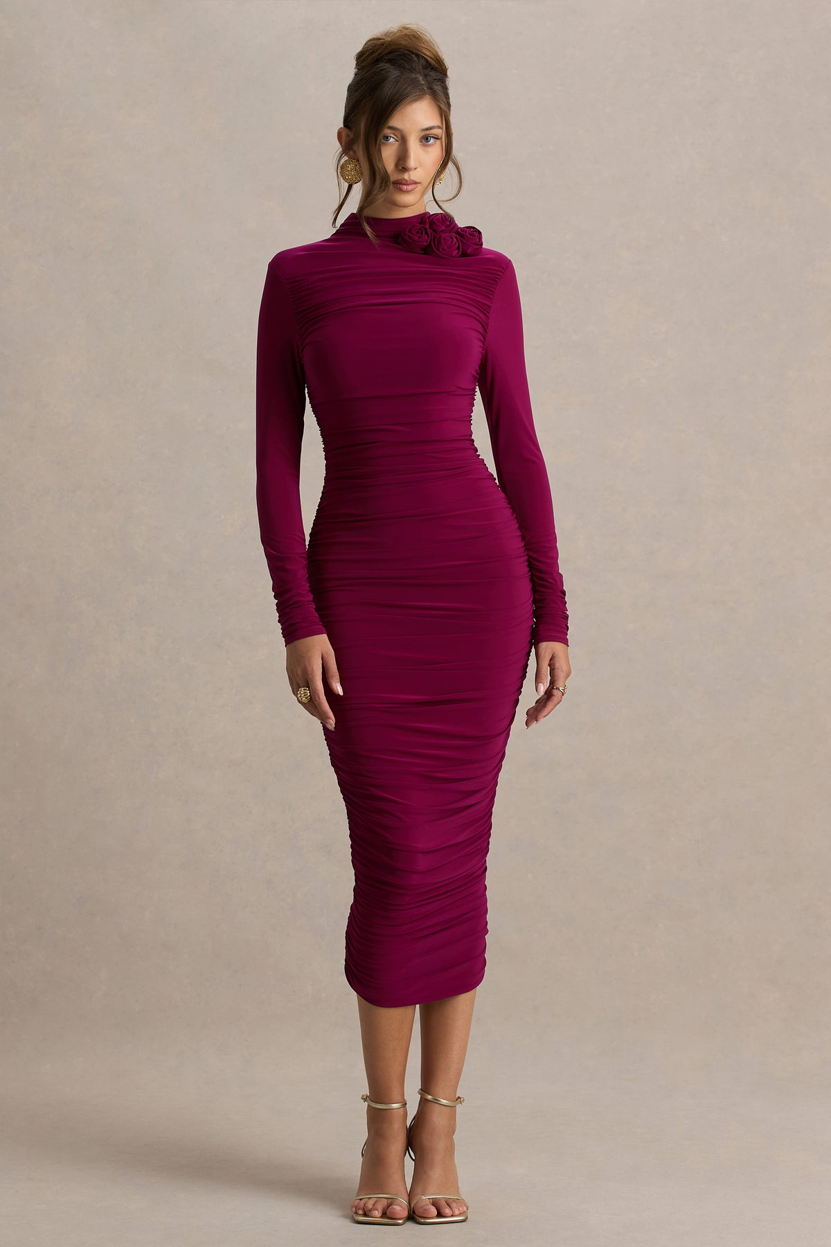 Tamara Burgundy Long-Sleeve Ruched Midi Dress Club L London - USA Tamara Burgundy Long-Sleeve Ruched Midi Dress Club L London - USA