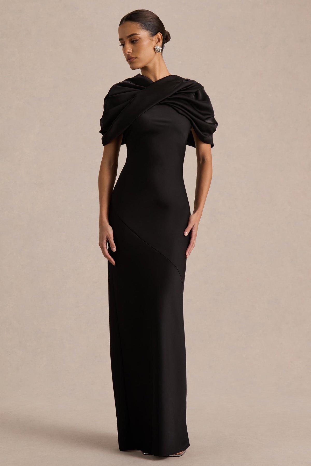 Yoli | Black Satin Maxi Dress With Removable Twist-Cape - UK 8 Black Yoli | Black Satin Maxi Dress With Removable Twist-Cape - UK 8 Black