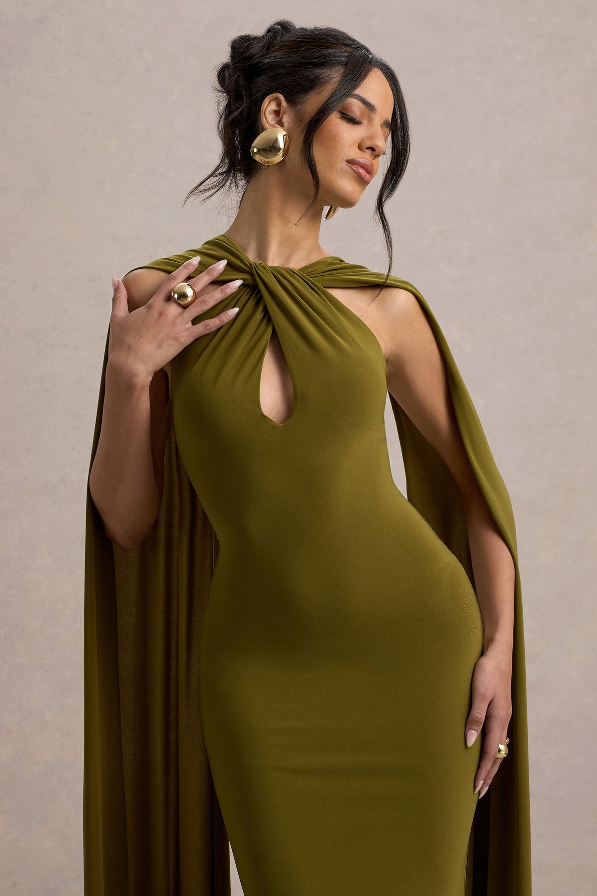 Rhoda Green Twist Halter-Neck Cape Maxi Dress Club L London - USA Rhoda Green Twist Halter-Neck Cape Maxi Dress Club L London - USA