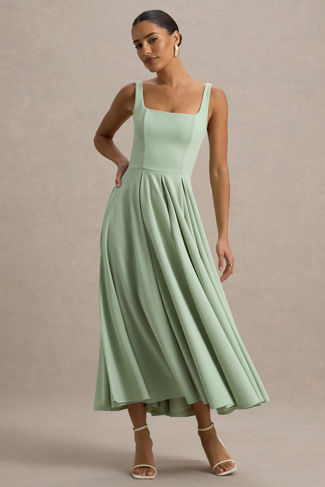 green emerald velvet dress Parina | Light Green Strappy Volume-Hem Midi Dress