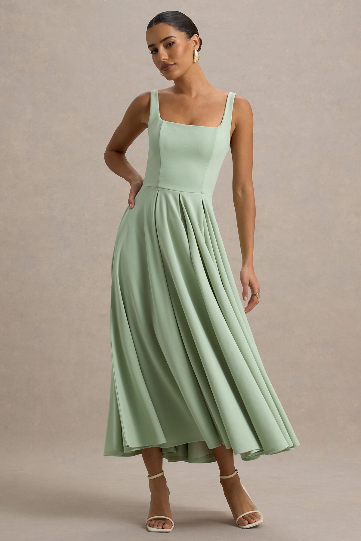 Parina | Light Green Strappy Volume-Hem Midi Dress - UK 12 Light Green Parina | Light Green Strappy Volume-Hem Midi Dress - UK 12 Light Green