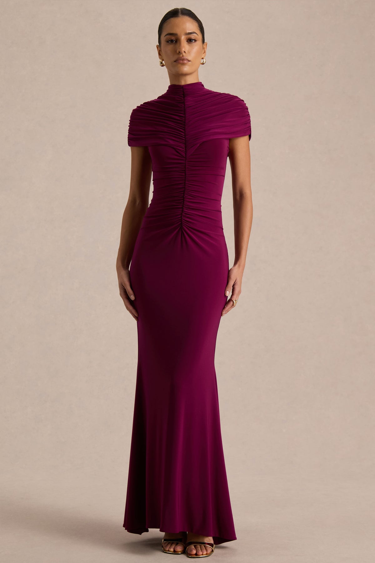 Azaria | Burgundy High-Neck Maxi Dress With Ruched Detailing - UK 6 DARK CHERRY Azaria | Burgundy High-Neck Maxi Dress With Ruched Detailing - UK 6 DARK CHERRY