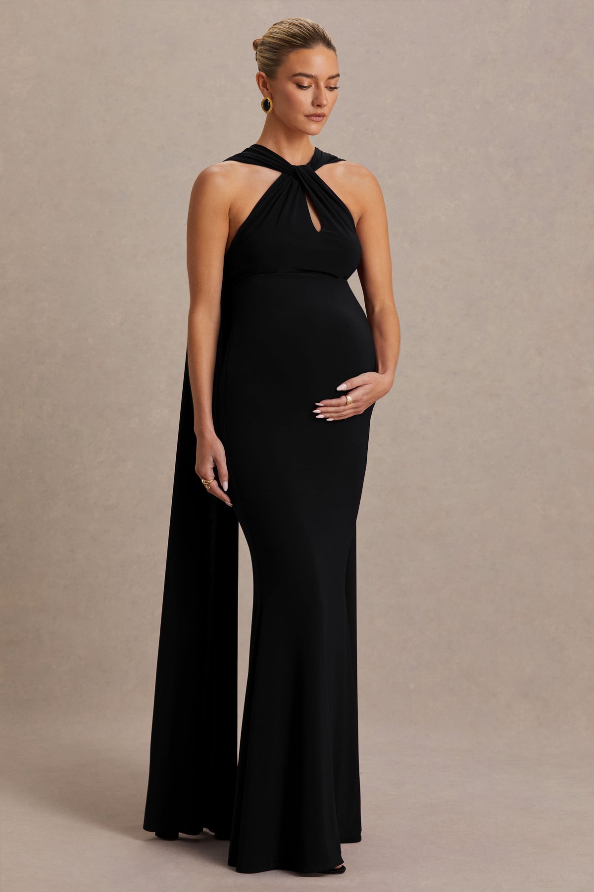 Lyra | Black Cross Halter-Neck Maternity Maxi Dress With Cape - UK 16 Black Lyra | Black Cross Halter-Neck Maternity Maxi Dress With Cape - UK 16 Black