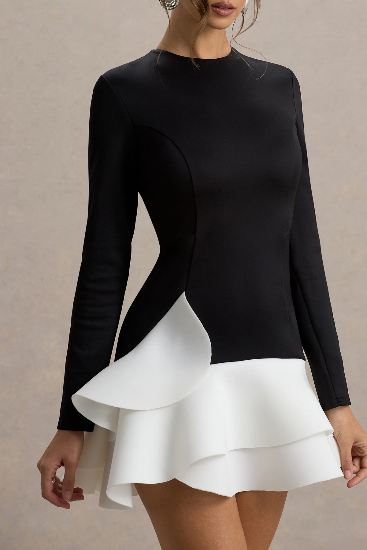 Lucinda | Black & White Long-Sleeve Mini Dress With Ruffle Hem