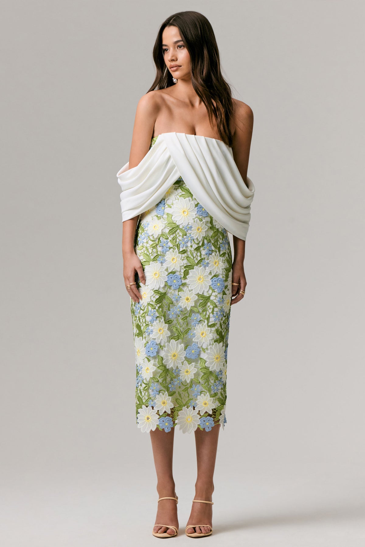 Entitled Cream Floral Lace Bardot Midi Dress Club L London - USA Entitled Cream Floral Lace Bardot Midi Dress Club L London - USA
