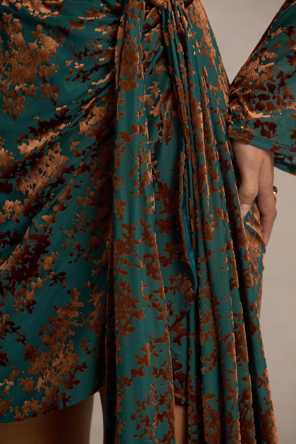 Dimitra | Dark Green AND Brown Velvet Devore Plunge-Neck Wrap Mini Dress - UK 12 Green AND Brown Dimitra | Dark Green AND Brown Velvet Devore Plunge-Neck Wrap Mini Dress - UK 12 Green AND Brown