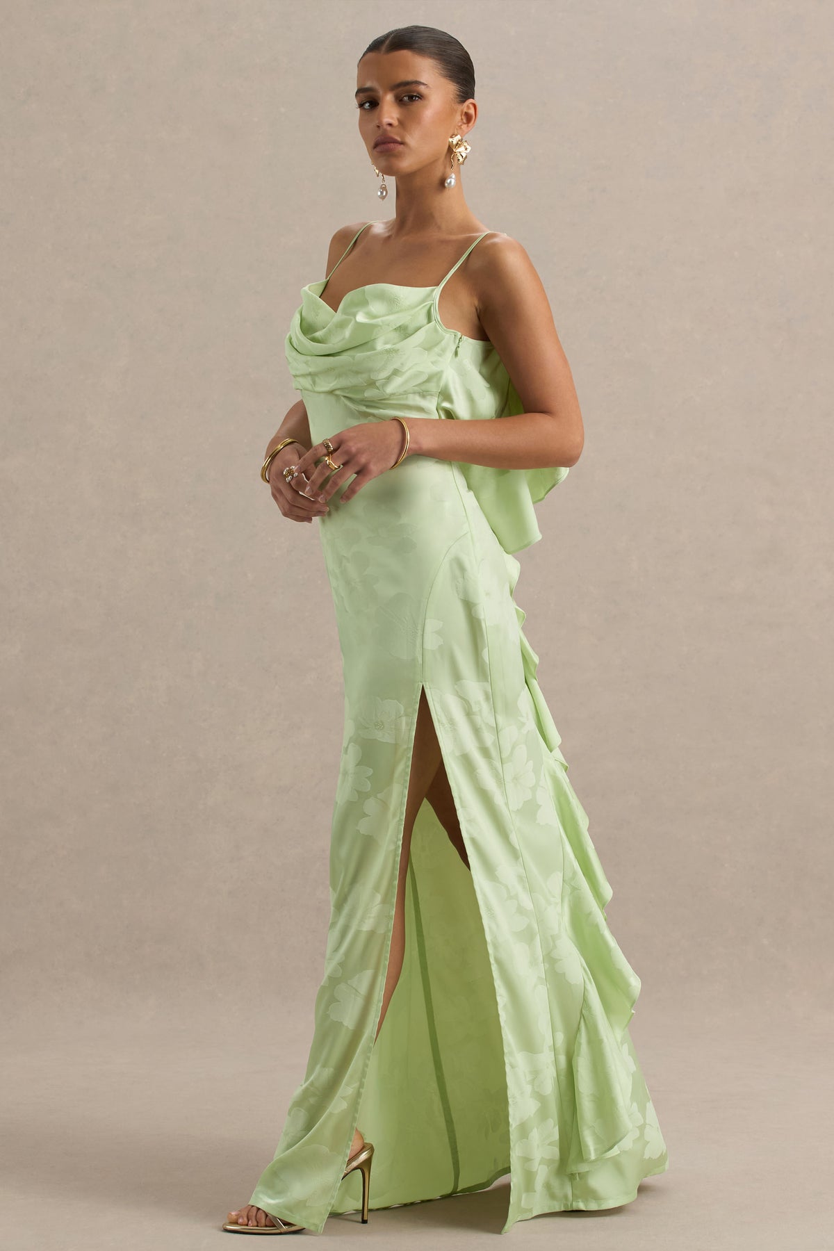 Maddie Light Green Floral Print Satin Cowl-Neck Maxi Dress Club L London - USA Maddie Light Green Floral Print Satin Cowl-Neck Maxi Dress Club L London - USA