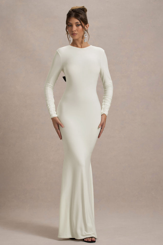 knee length dresses for ladies High Neck Wedding Dress with Long Sleeves – Wedding Gown Open Back Lace with Waist Bow Plus Size Size 26W main image 0