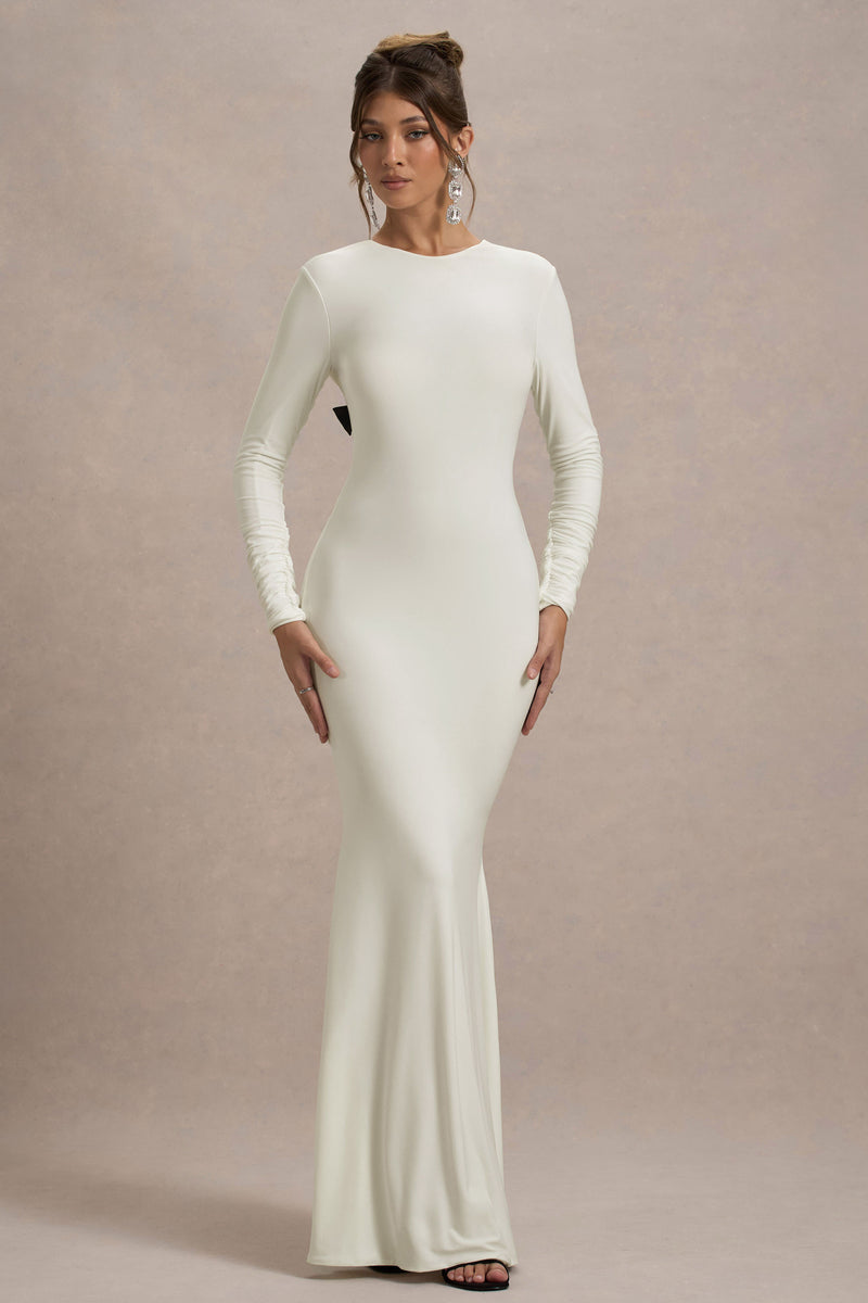 Rosalee Cream Long-Sleeve Cowl-Back Maxi Dress With Bows – Club L