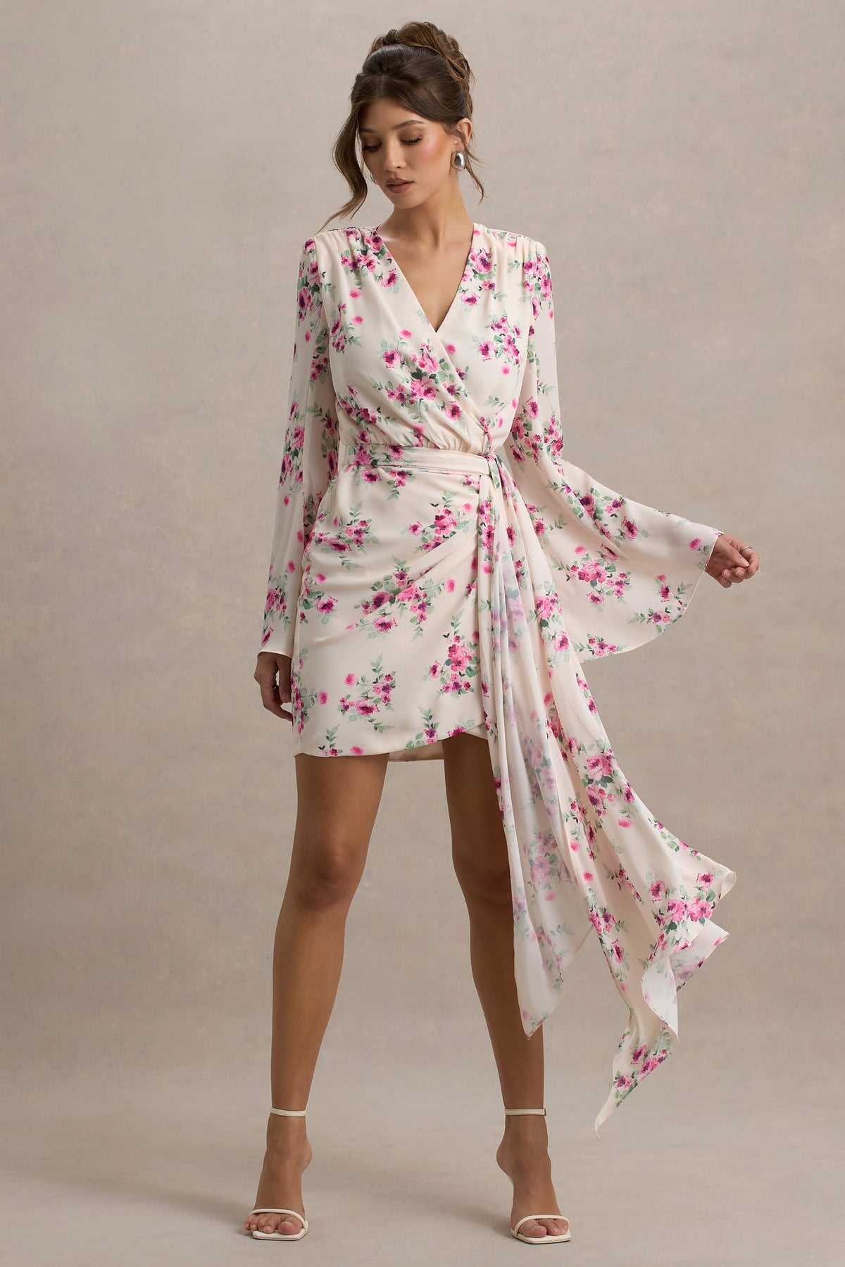 Goldie Cream Floral Print Chiffon Long-Sleeve Wrap Mini Dress Club L London - USA Goldie Cream Floral Print Chiffon Long-Sleeve Wrap Mini Dress Club L London - USA