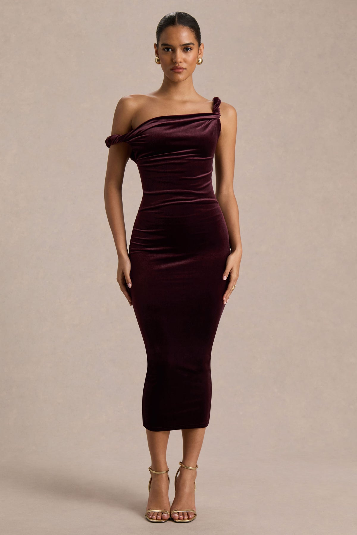 Carella Burgundy Velvet Twisted Asymmetric Midi Dress Club L London - USA Carella Burgundy Velvet Twisted Asymmetric Midi Dress Club L London - USA