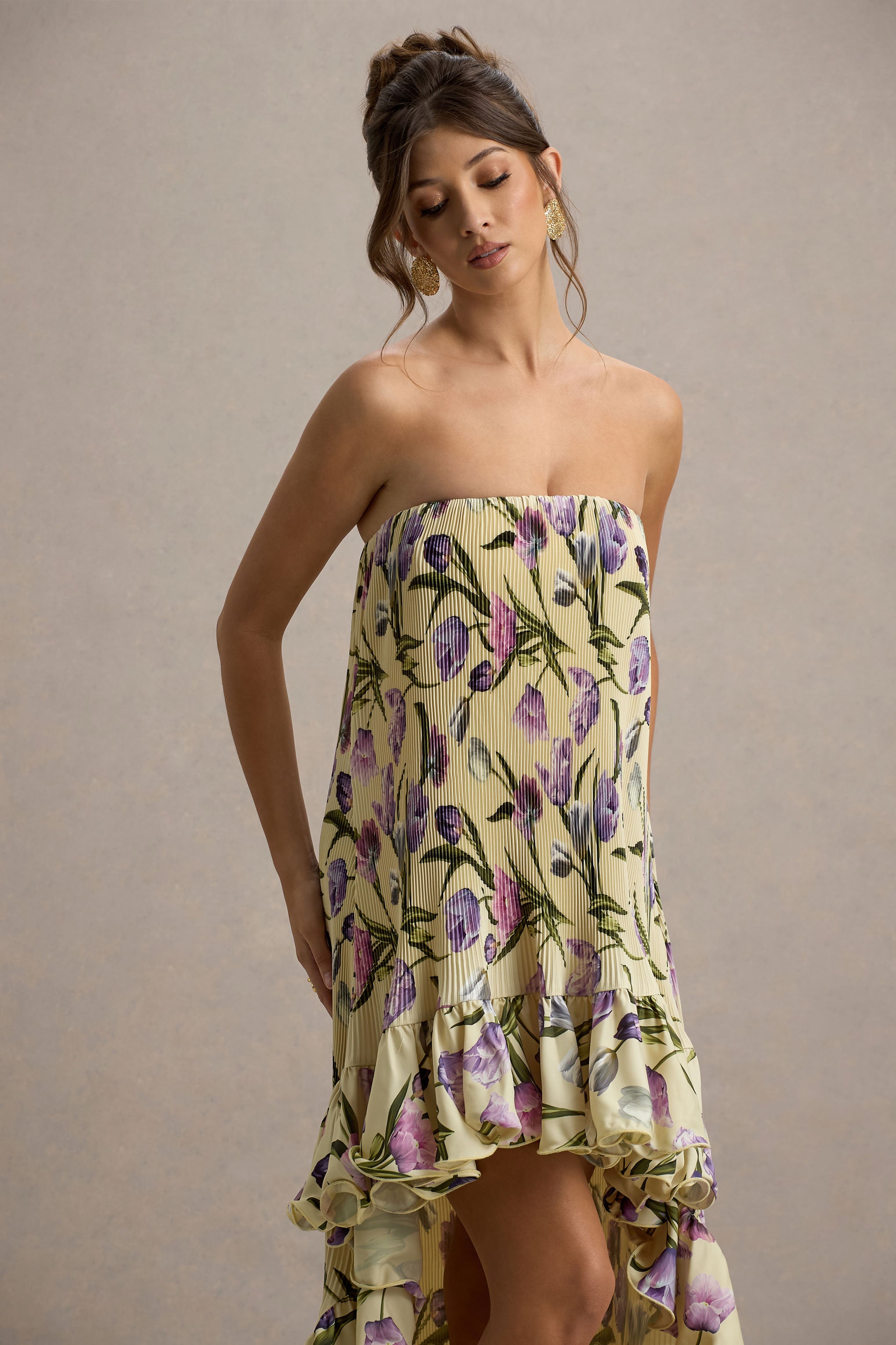 Whistler | Tulip Floral Print Chiffon Bandeau High-Low Ruffled