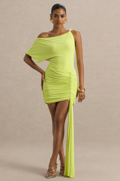 Marci | LIME Green Asymmetric Ruched Mini Dress With Sash - UK 12 LIME Green Marci | LIME Green Asymmetric Ruched Mini Dress With Sash - UK 12 LIME Green