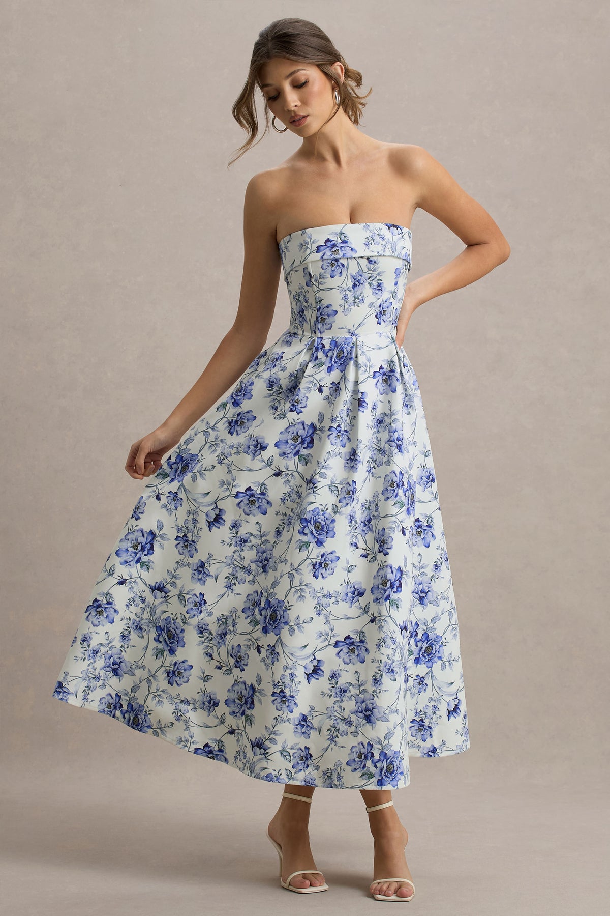 Annalise | Blue Floral Print Bandeau Skater Midi Dress