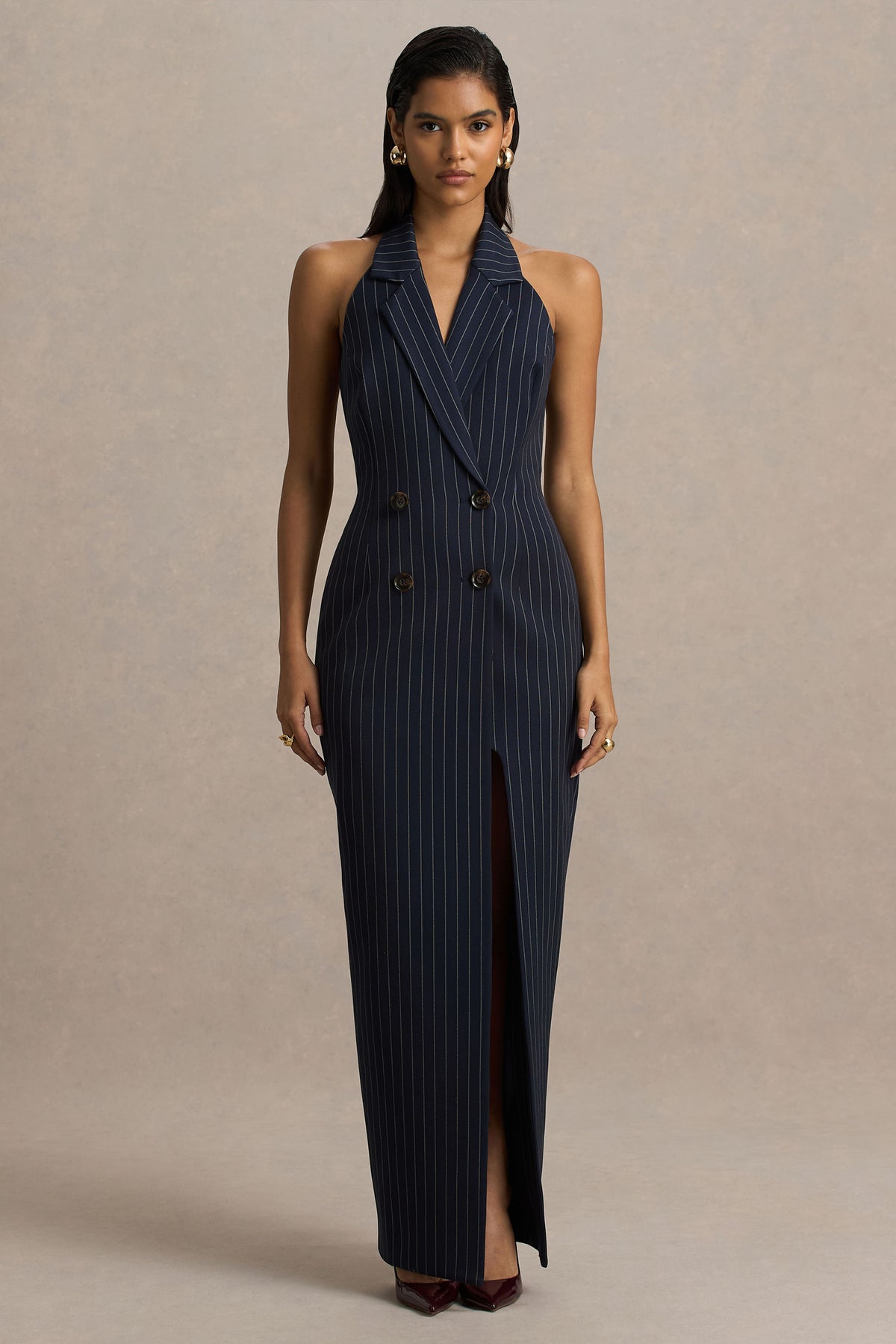 Eve Navy Pinstripe Plunge-Neckline Tailored Maxi Dress Club L London - USA Eve Navy Pinstripe Plunge-Neckline Tailored Maxi Dress Club L London - USA