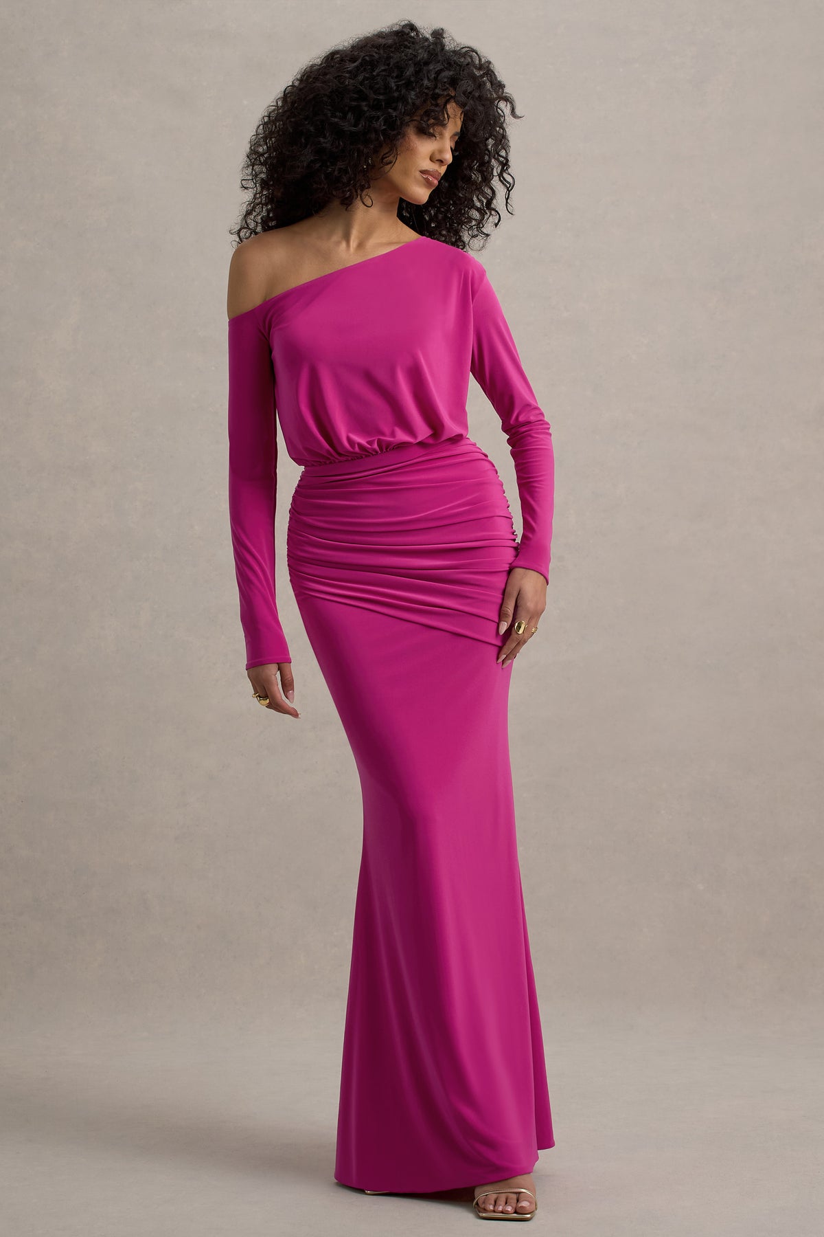 fitted lace wedding dress Deanna Hot Pink Asymmetric Long-Sleeve Ruched Maxi Dress Club L London fitted lace wedding dress Deanna Hot Pink Asymmetric Long-Sleeve Ruched Maxi Dress Club L London