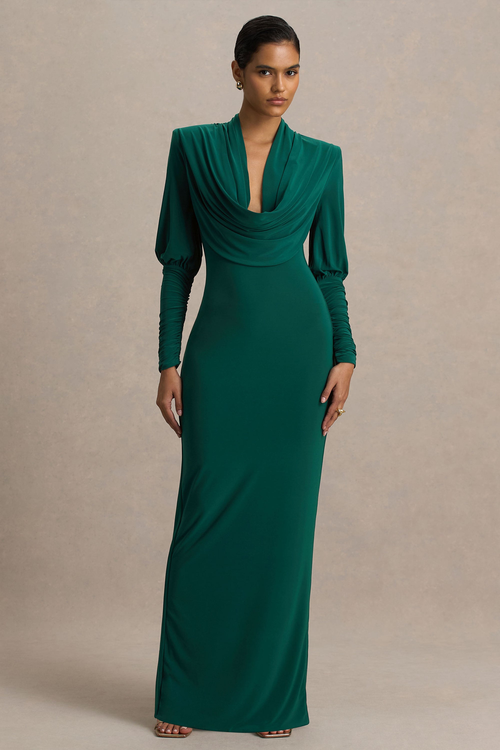 bottle green maxi dress Dark Green Chiffon Maxi Dress V Neck Swing Party Elegance 5114 Emerald Green / S