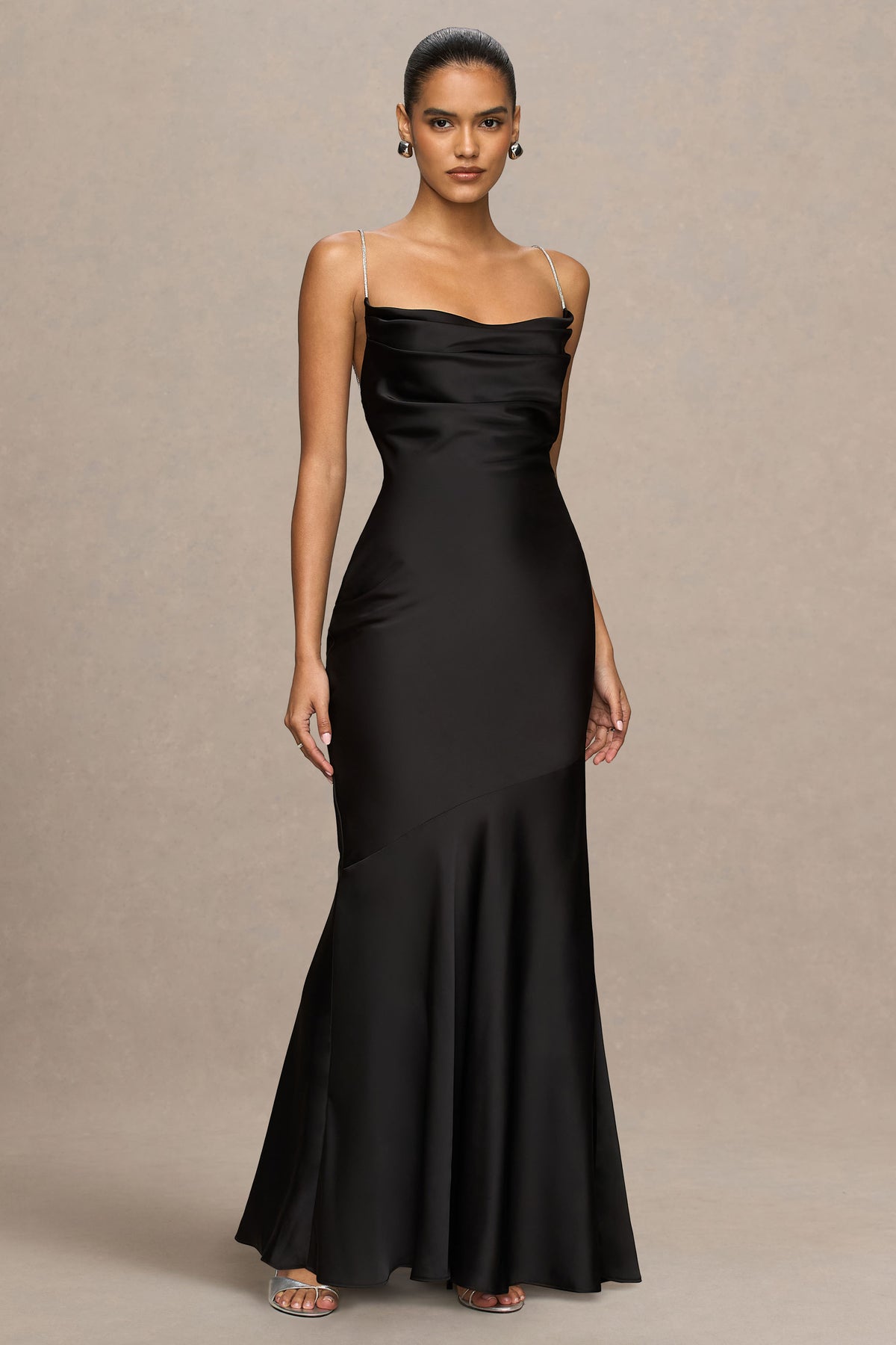 Maelia | Black Satin Cowl-Neck Maxi Dress With Diamante Straps