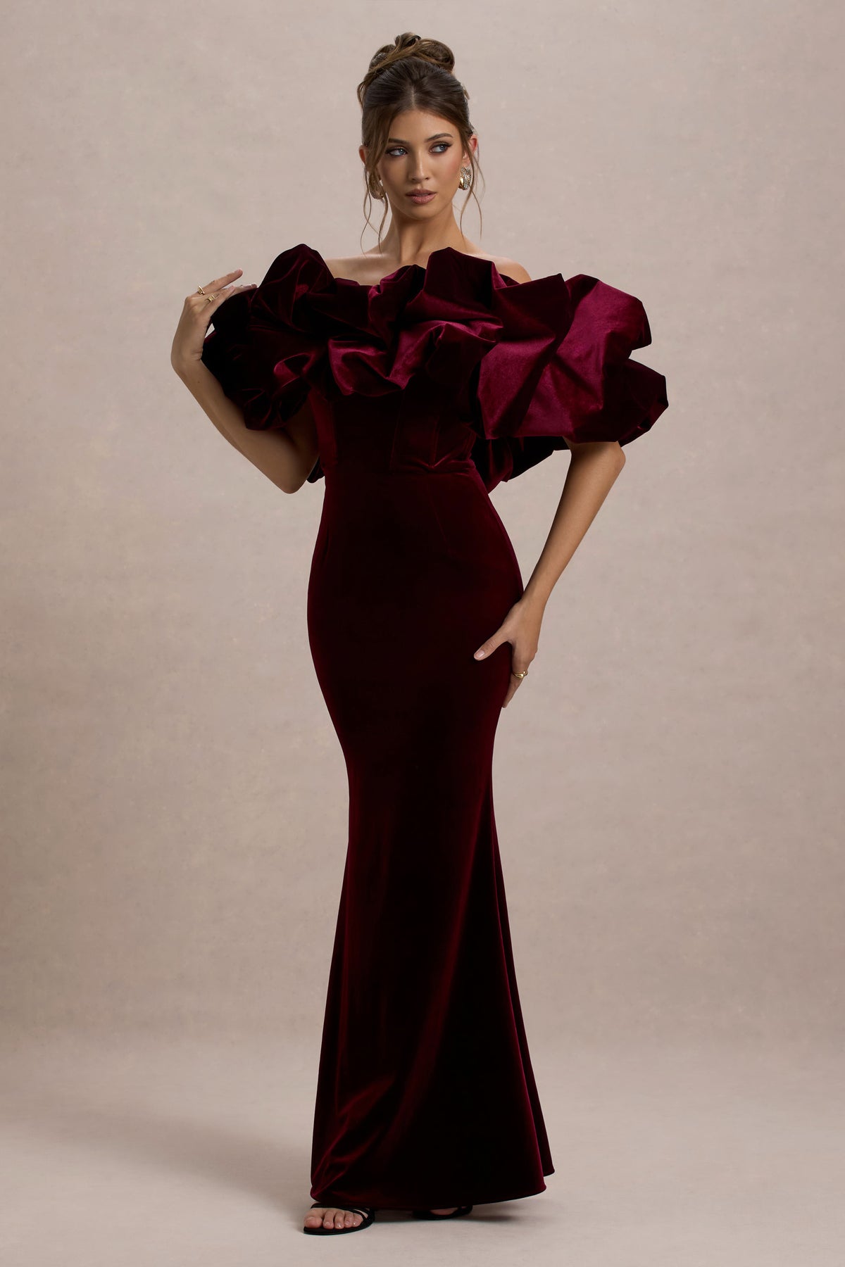 Velvet Dress Bardot Maxi Prom Dress Cecily Port Velvet Bardot Maxi Dress With Velvet Ruffle Trim Velvet Dress Bardot Maxi Prom Dress Cecily Port Velvet Bardot Maxi Dress With Velvet Ruffle Trim