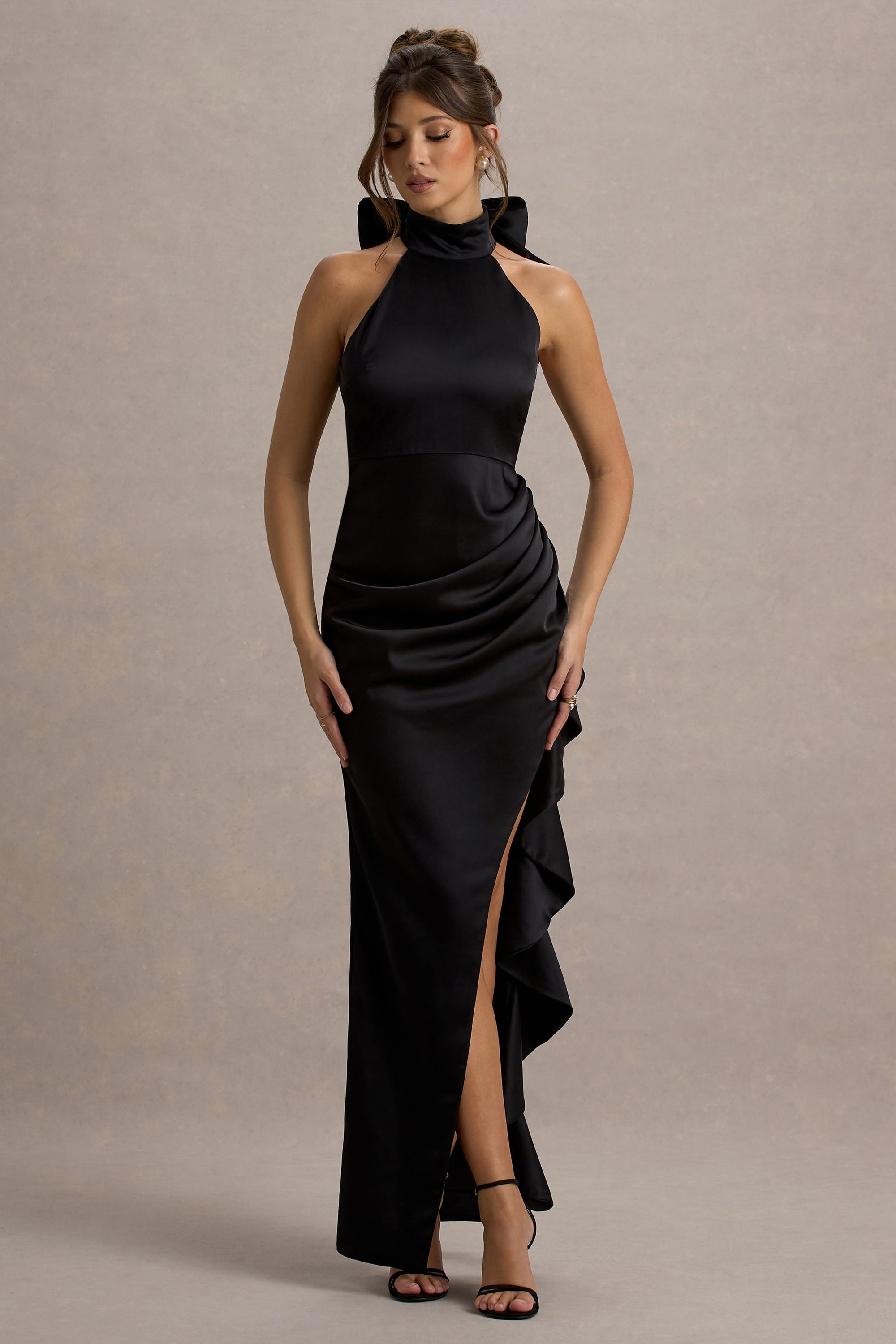 Maureen | Black Satin High-Neck Draped Maxi Dress – Club L London