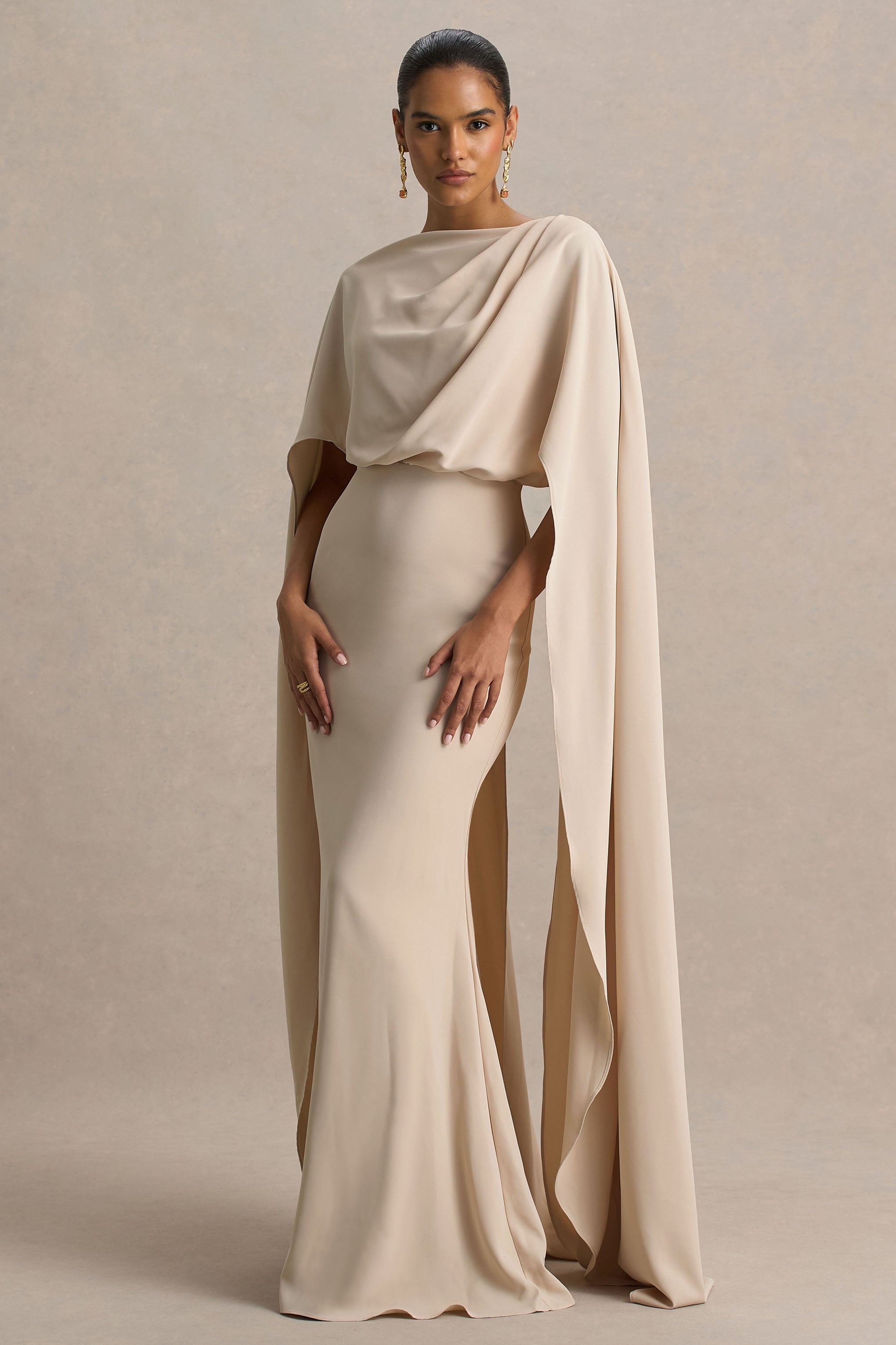 Pristina | Sand Boat-Neck Woven Maxi Dress With Cape Detail – Club