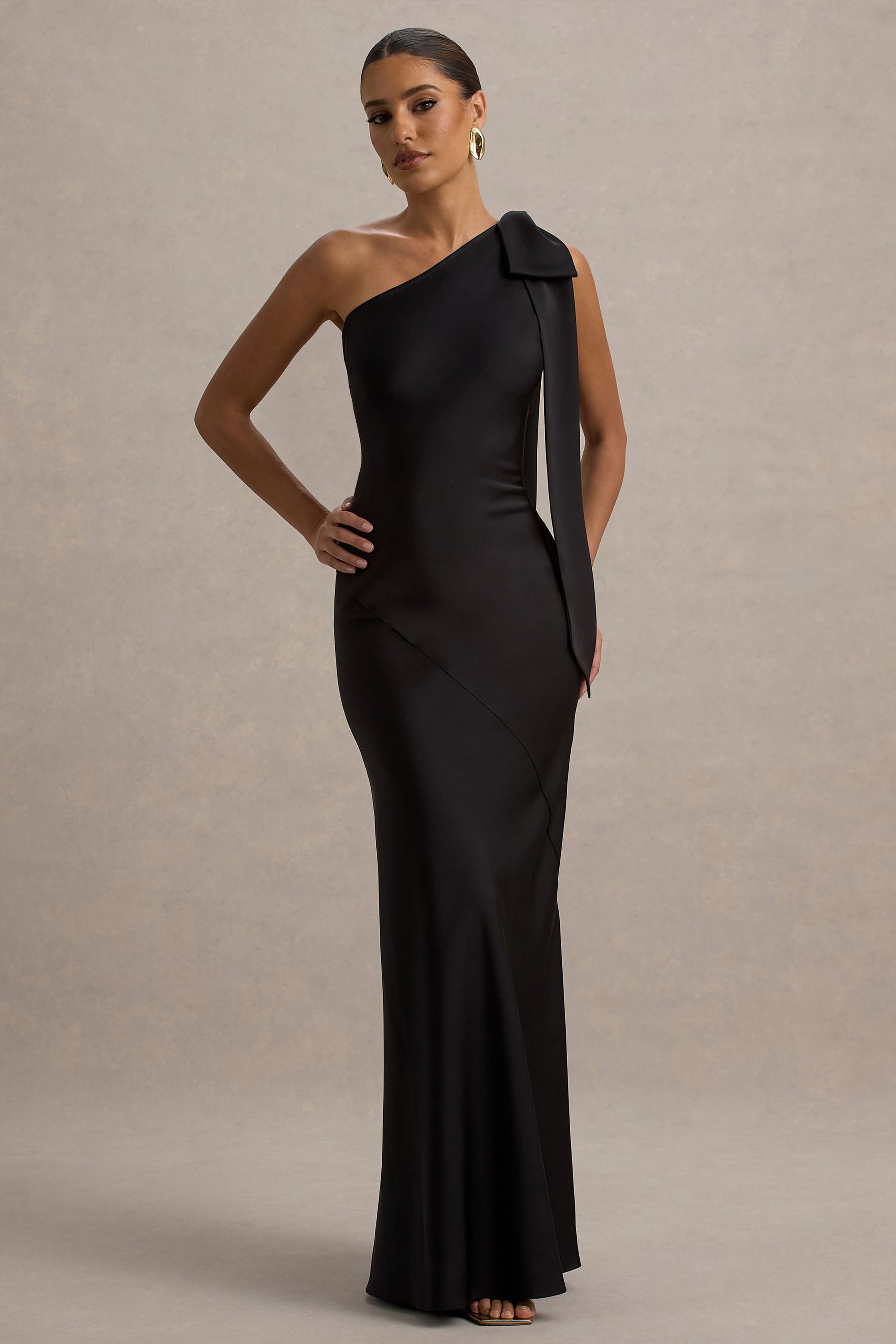 Here For Love | Black Satin Asymmetric Maxi Dress With Bow – Club L London