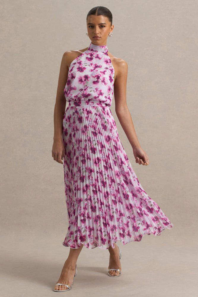 Refractive Purple Floral Print Satin Maxi Dress With Halter-Neck and Club L London - USA Refractive Purple Floral Print Satin Maxi Dress With Halter-Neck and Club L London - USA