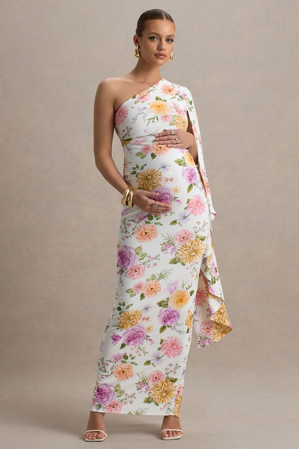 Aliana Peach And Lilac Floral Print Asymmetric Maternity Maxi Dress Club L London - USA Aliana Peach And Lilac Floral Print Asymmetric Maternity Maxi Dress Club L London - USA